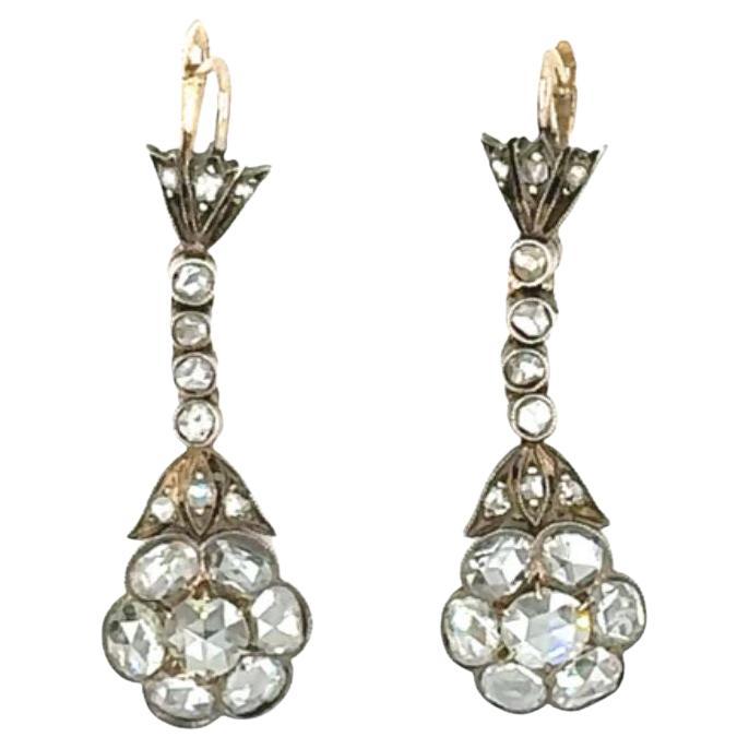 Pendants d'oreilles en argent et or avec diamants taillés en rose à l'ancienne