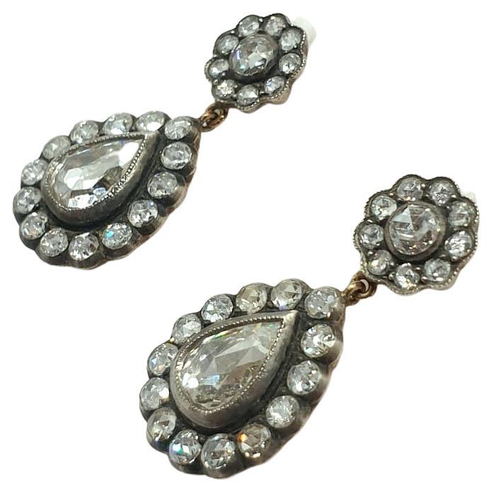 Women's Antique Rose Cut Diamond Gold Earrings