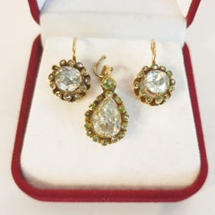 Antique 1850s Rose Cut Diamond Gold Earrings And Pendant Set