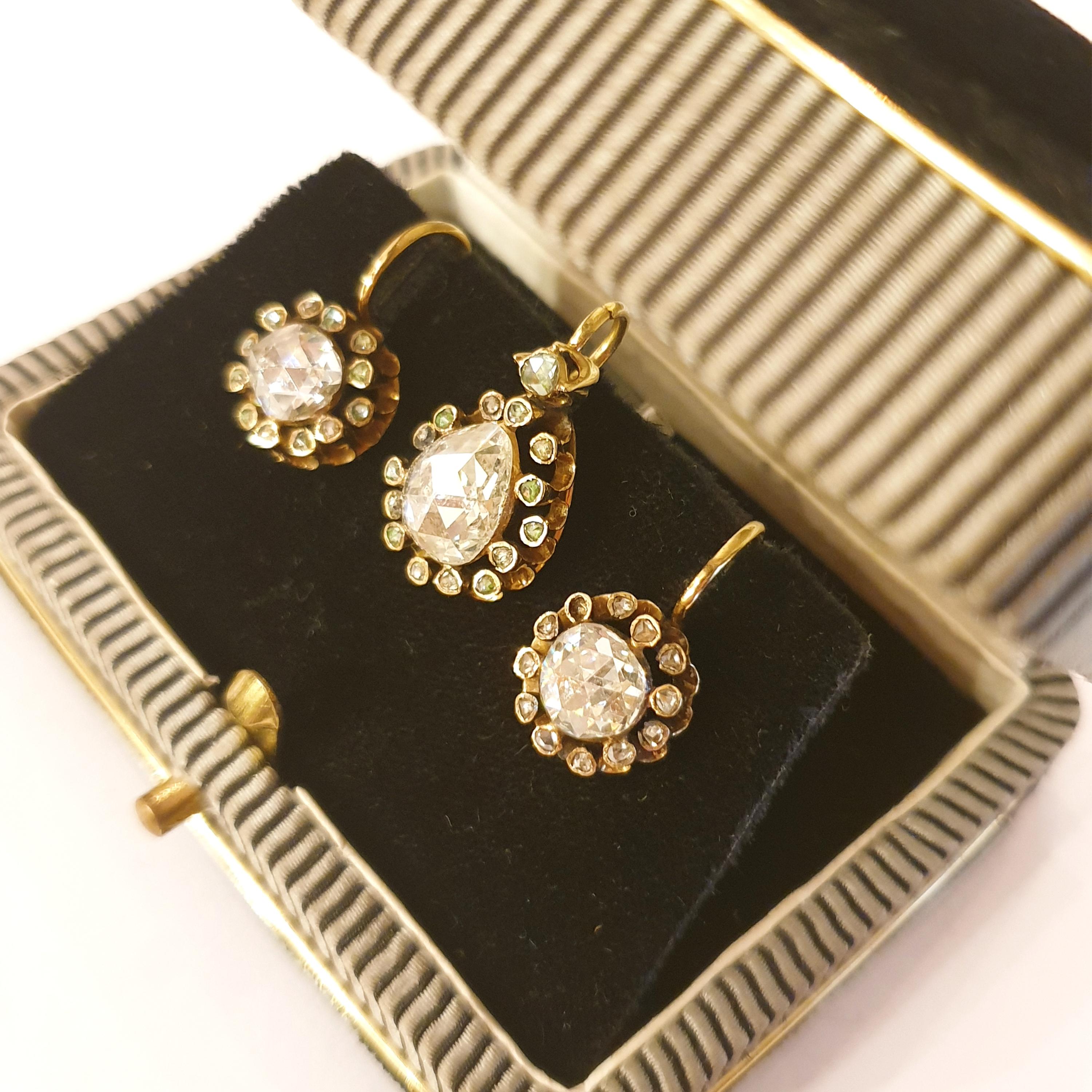 Antique 1850s Rose Cut Diamond Gold Earrings And Pendant Set 