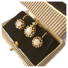 “Antique 10k Gold Rose Cut Diamond Earrings and Pendant Set, Circa 1850”