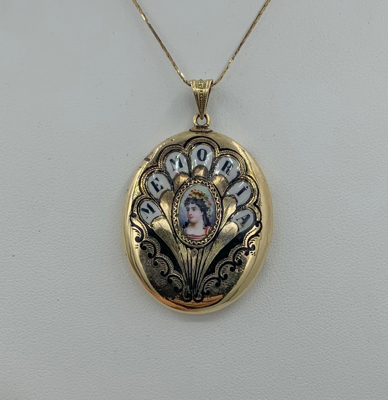 This is a Museum Quality Antique Victorian - Belle Epoque Locket Pendant with exquisite Enamel Portrait decoration, set with a Rose Cut Diamond and the word 