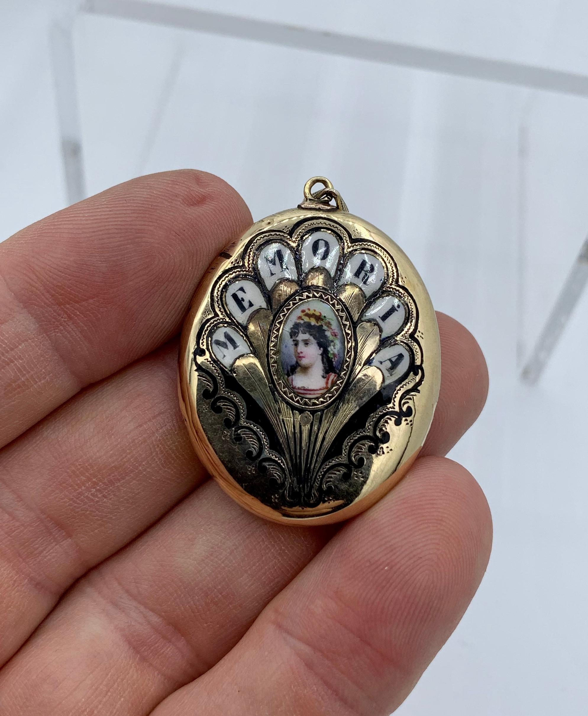 Antique Rose Cut Diamond Enamel Portrait Locket Necklace 14 Karat Gold Victorian In Good Condition For Sale In New York, NY