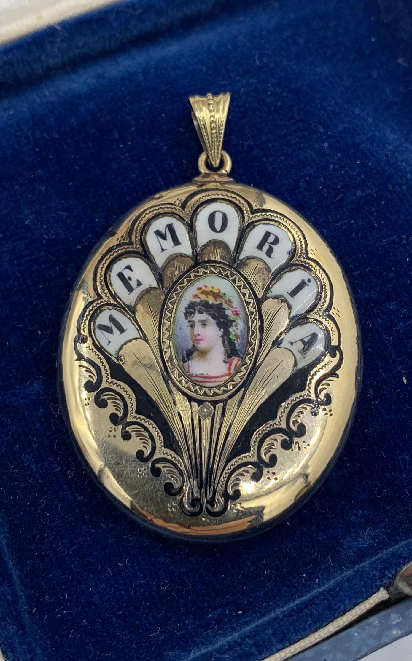 Women's Antique Rose Cut Diamond Enamel Portrait Locket Necklace 14 Karat Gold Victorian For Sale