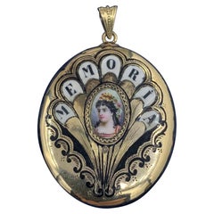 Collana antica con medaglione con diamante smaltato taglio rosa e ritratto in oro 14 carati, vittoriana