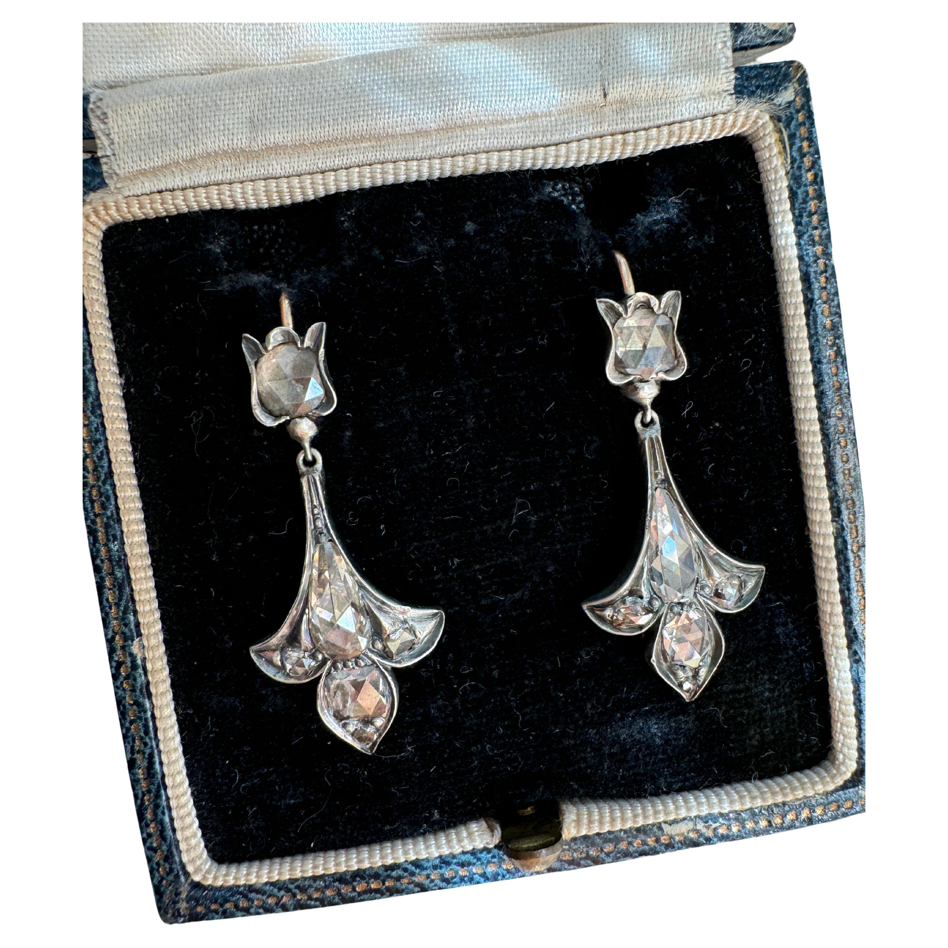 Antique Rose Cut Diamond Fleur-de-lis Conversion Earrings