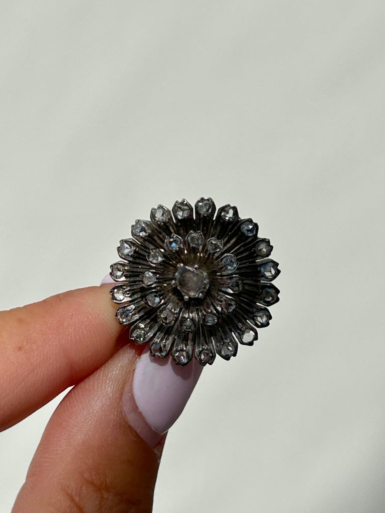 Broche Antique En Or 18k Et Argent Avec Diamants Rose Cut - Motif Floral Trèfle (clover) - Diamants Naturels