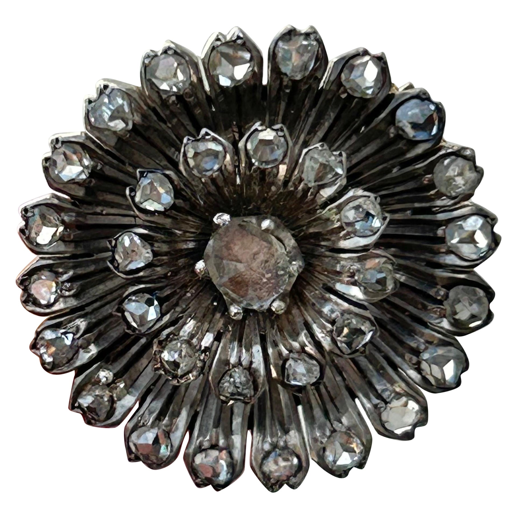 Antique Rose Cut Diamond Floral Brooch in Gold and Silver
