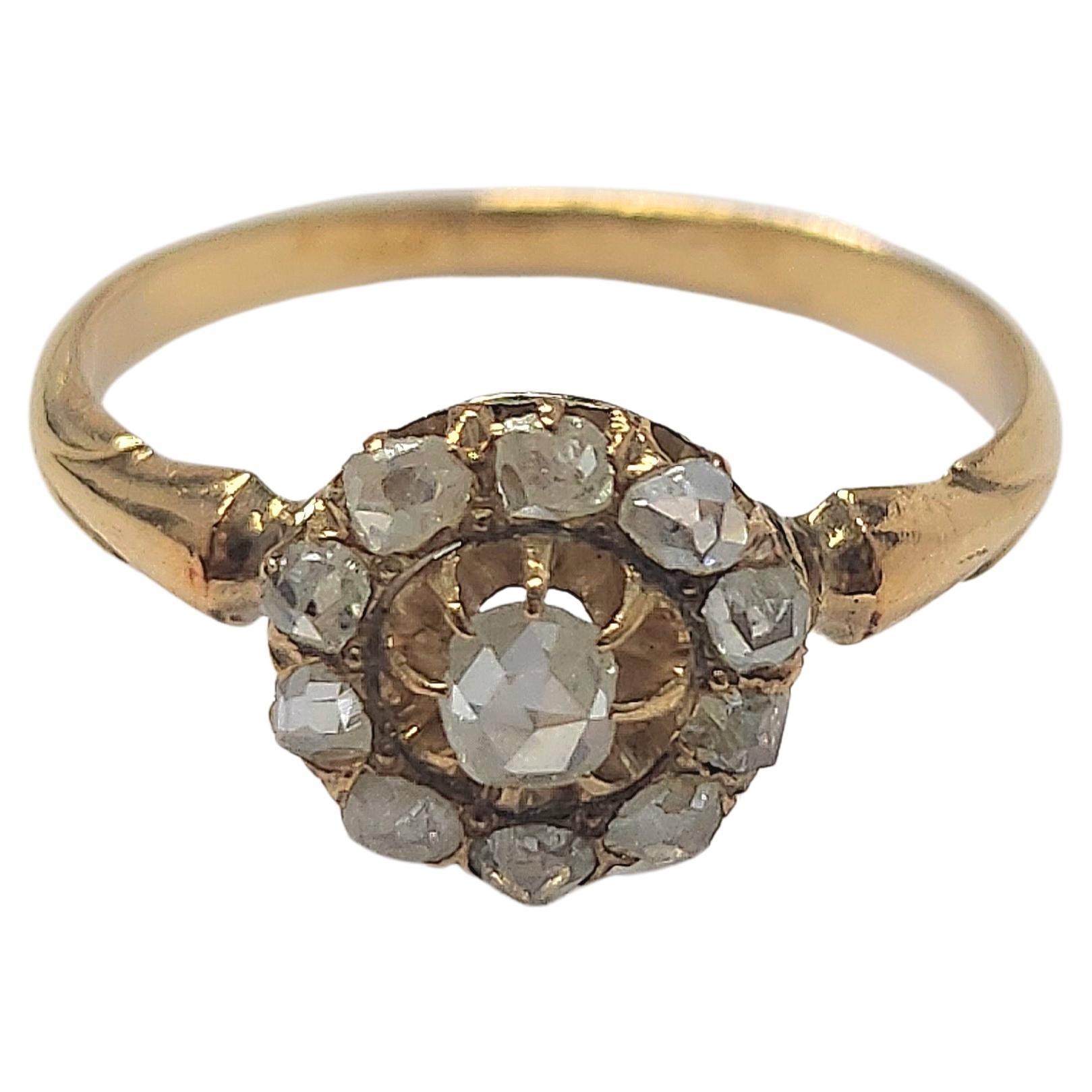 Antique Rose Cut Diamond Floral Gold Ring For Sale 1