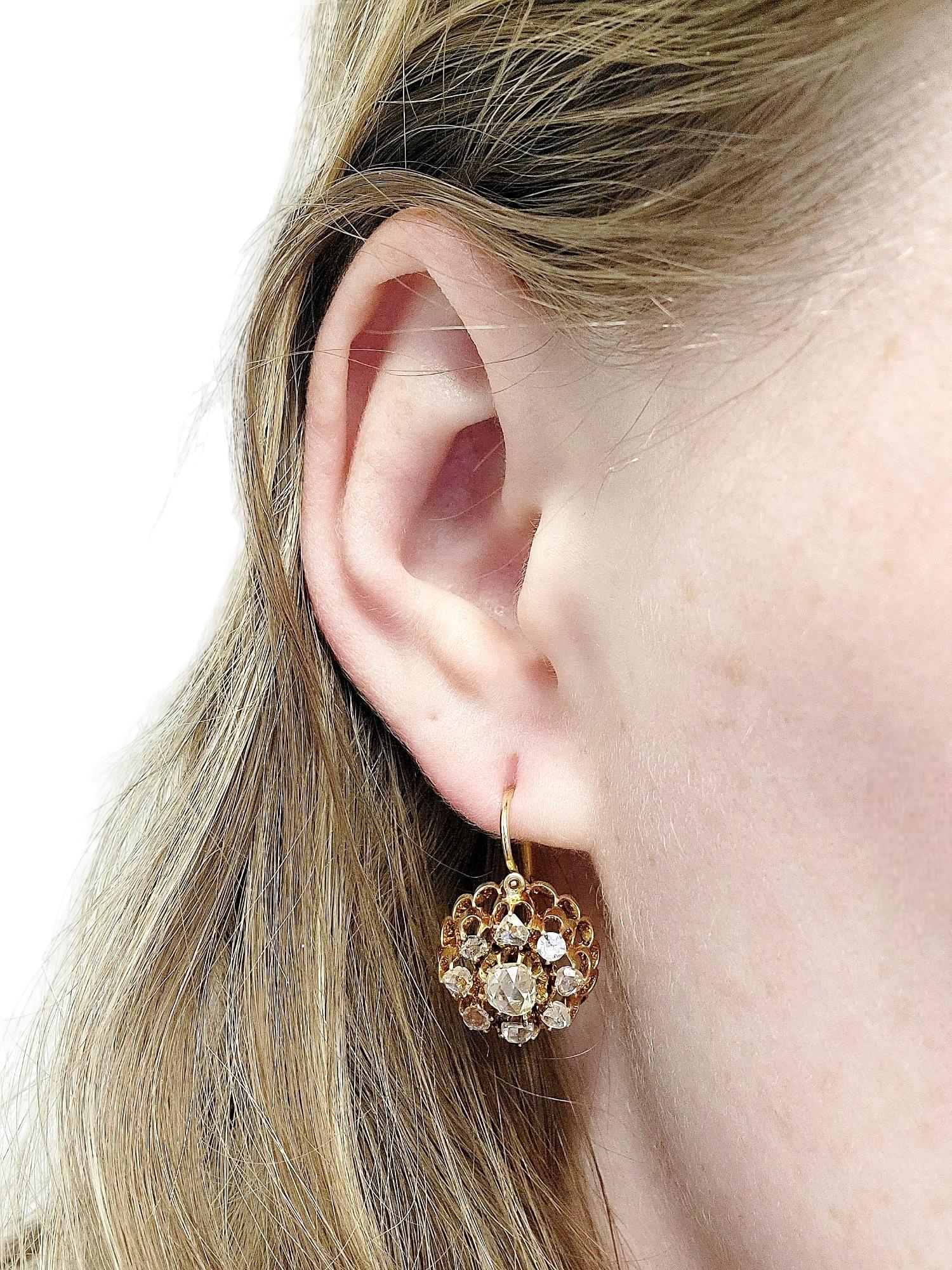 Antique Rose Cut Diamond Floral Motif Pierced Dangle Earrings 14 Karat Rose Gold 6