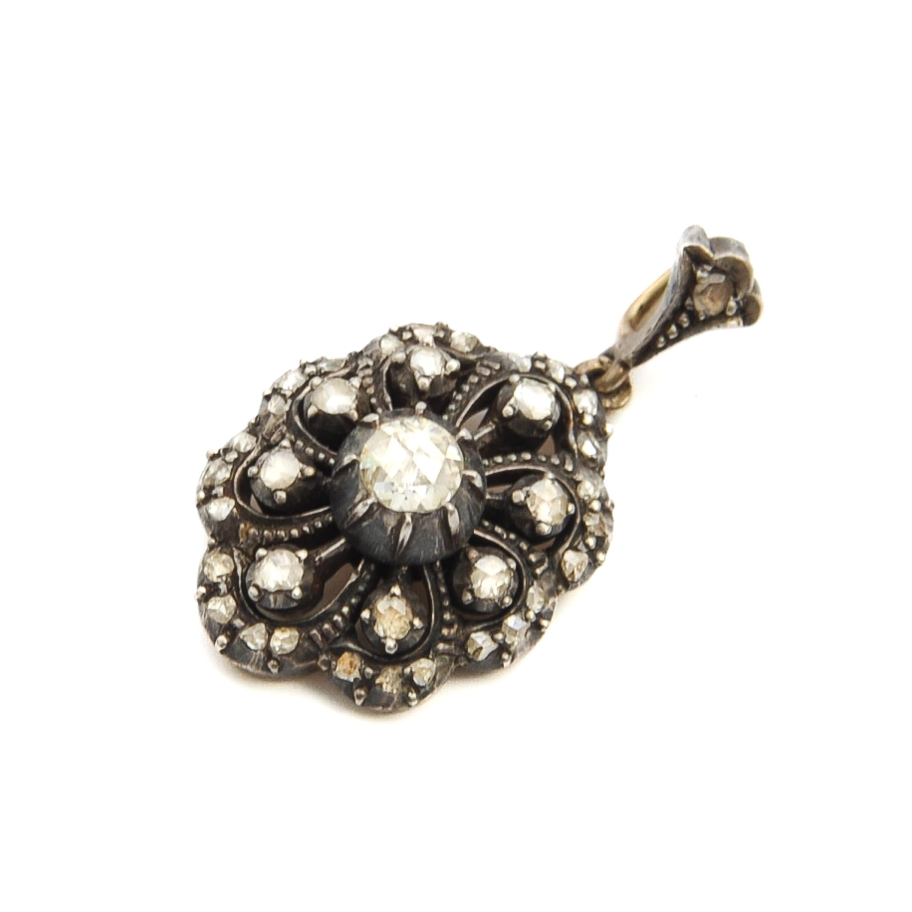 Women's or Men's Antique Rose Cut Diamond Floral Pendant For Sale