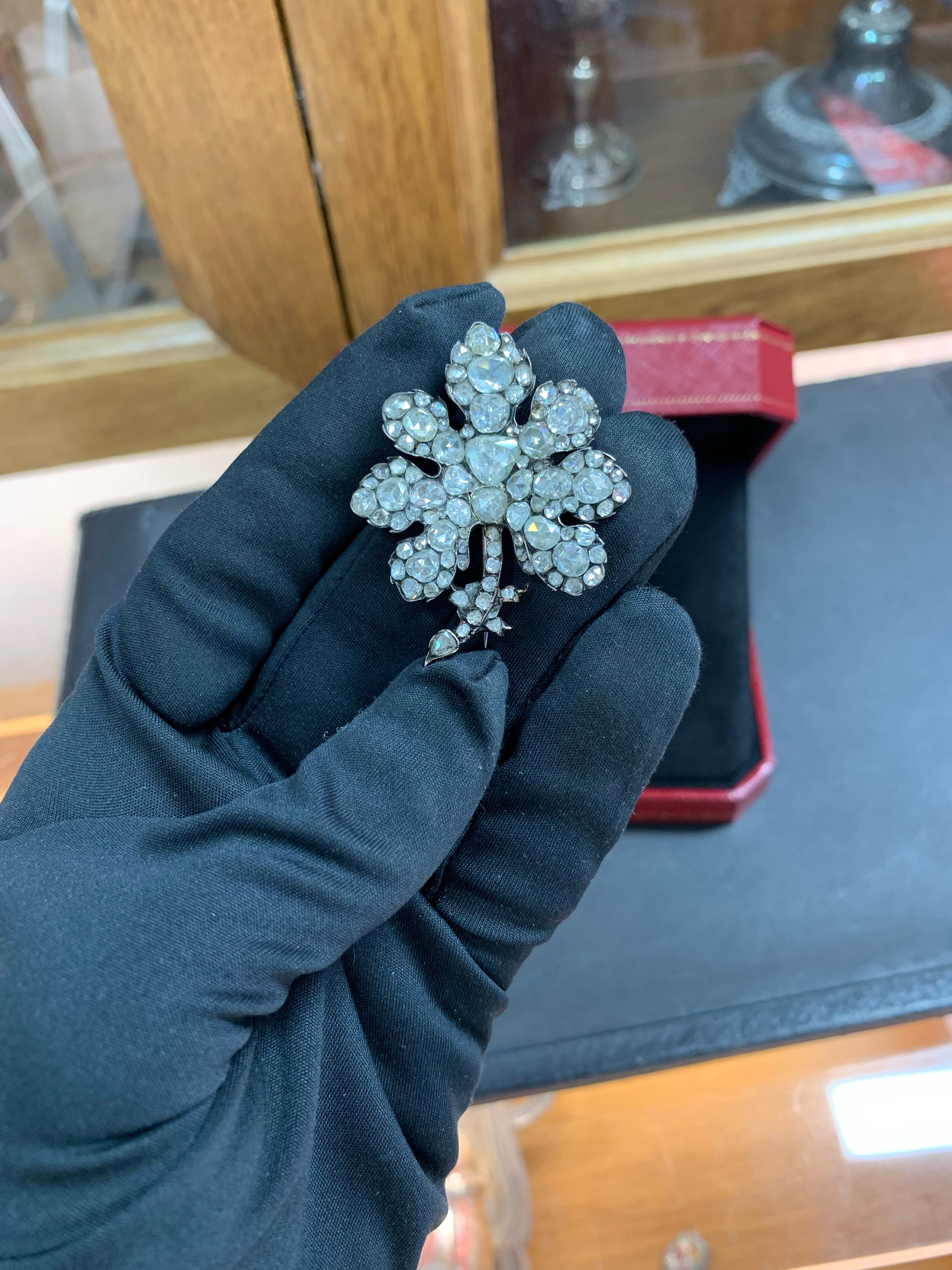 Beautifully Hand Crafted Antique Rose Cut Diamond Brooch From The Late 1800’s Set in Sterling Silver With a Touch Of Gold.
Amazing Shine, Incredible Craftsmanship, Unbelievable Work Of Art.
Great Statement Piece.
Approximately 10.0+ Carats Of
