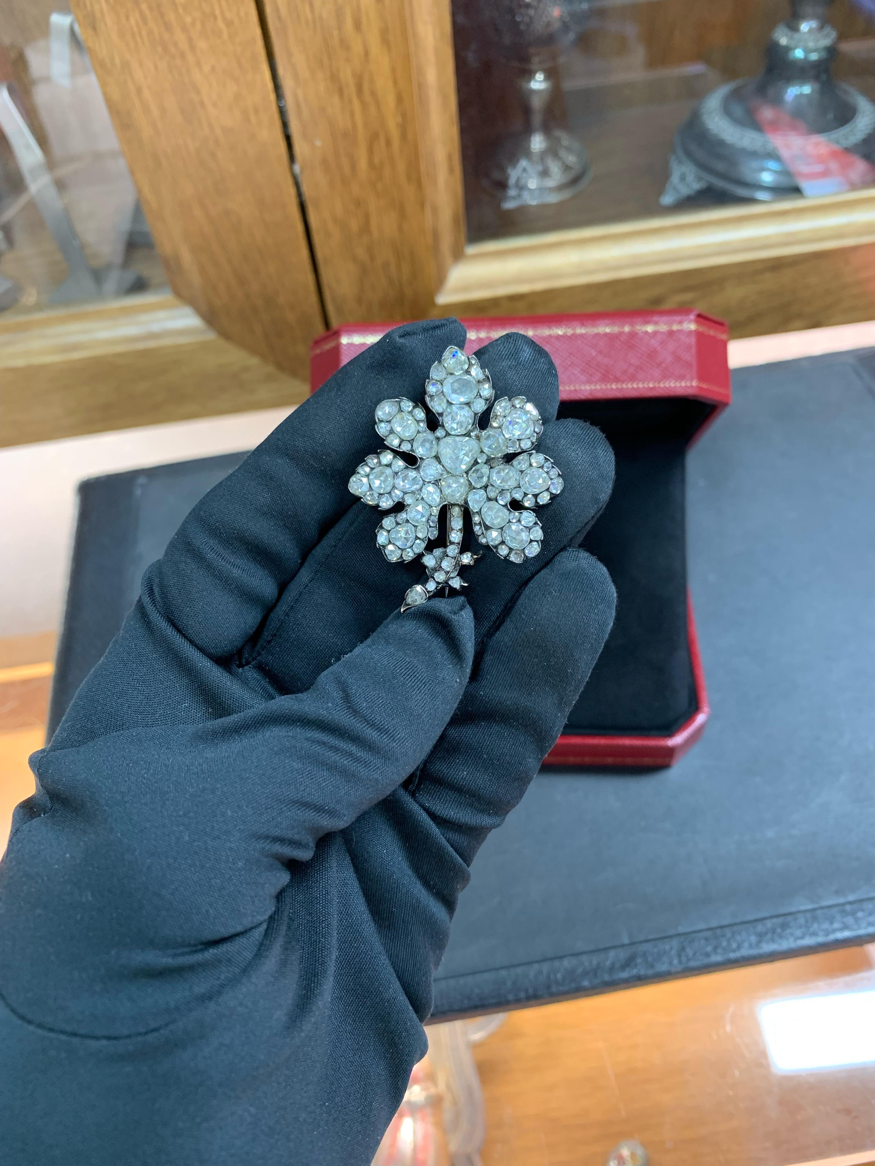 Women's or Men's Antique Rose Cut Diamond Flower Brooch For Sale