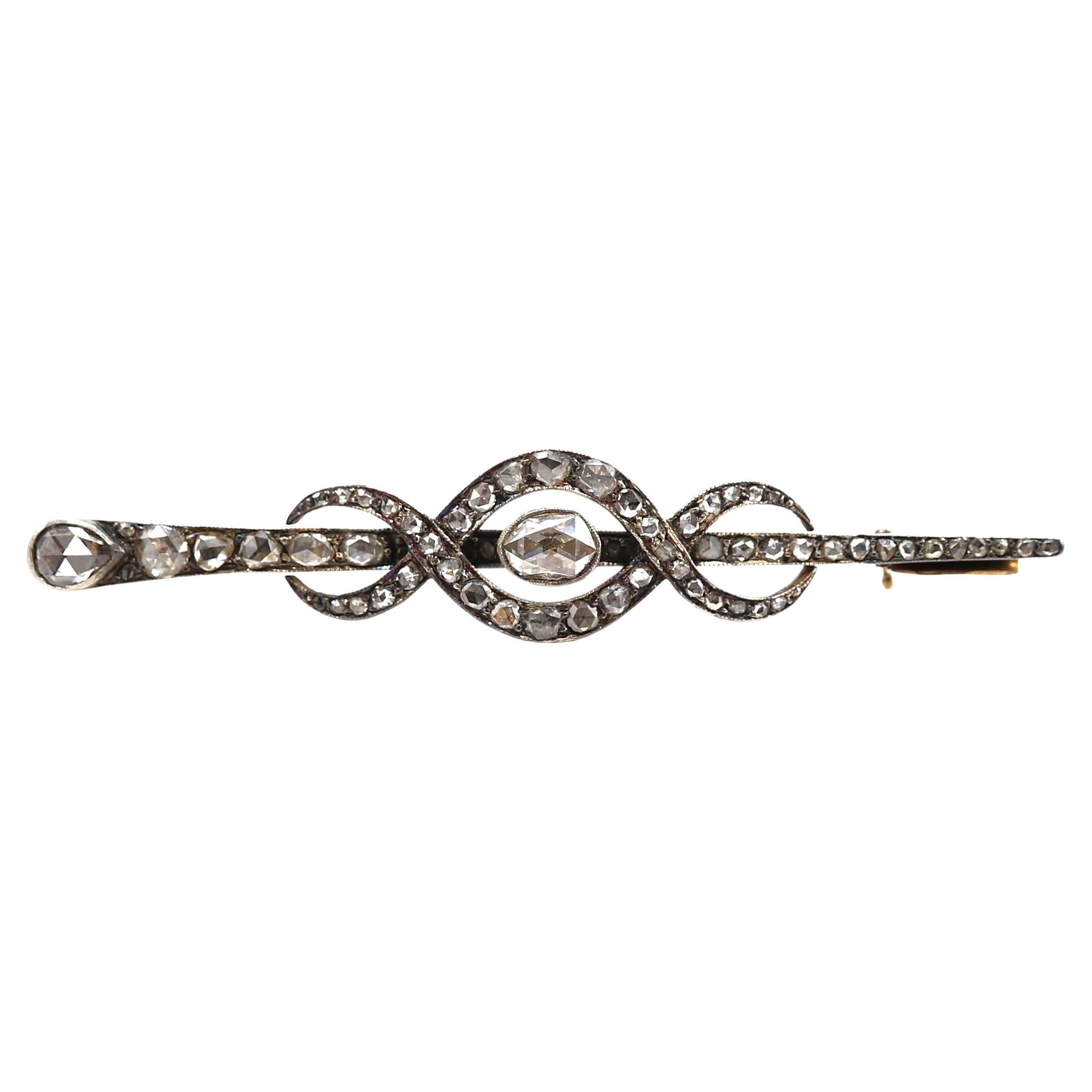 Antique Rose Cut Diamond & Gold Bar Pin Brooch