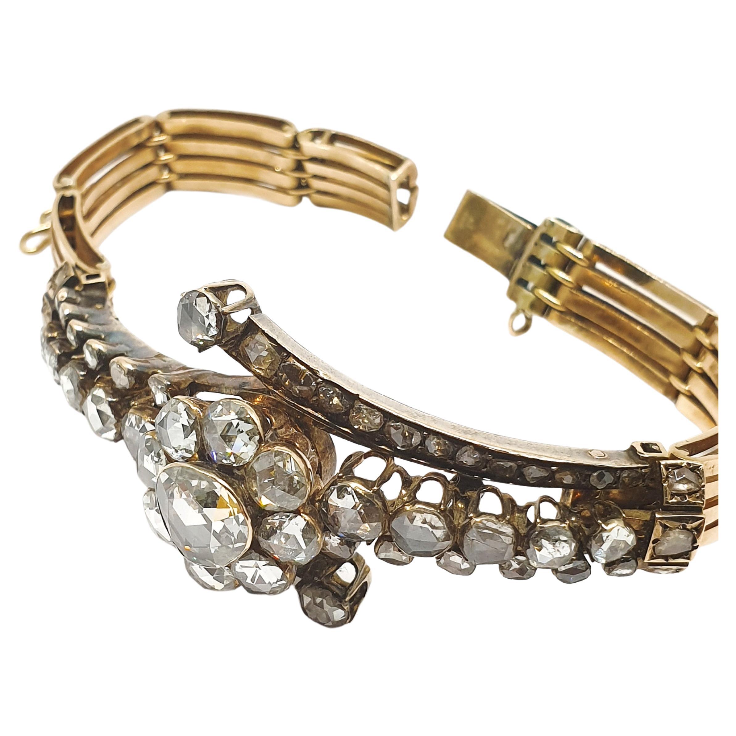 Antike Rose geschliffenen Diamanten Armband mit 1 großen Rose geschliffenen Diamanten mit einem Durchmesser von 8,45 mm flankiert mit 8 Rose geschliffenen Diamanten 4,70 mm jeweils und 12 Rose geschliffenen Diamanten von 4,5 mm jeweils und 12