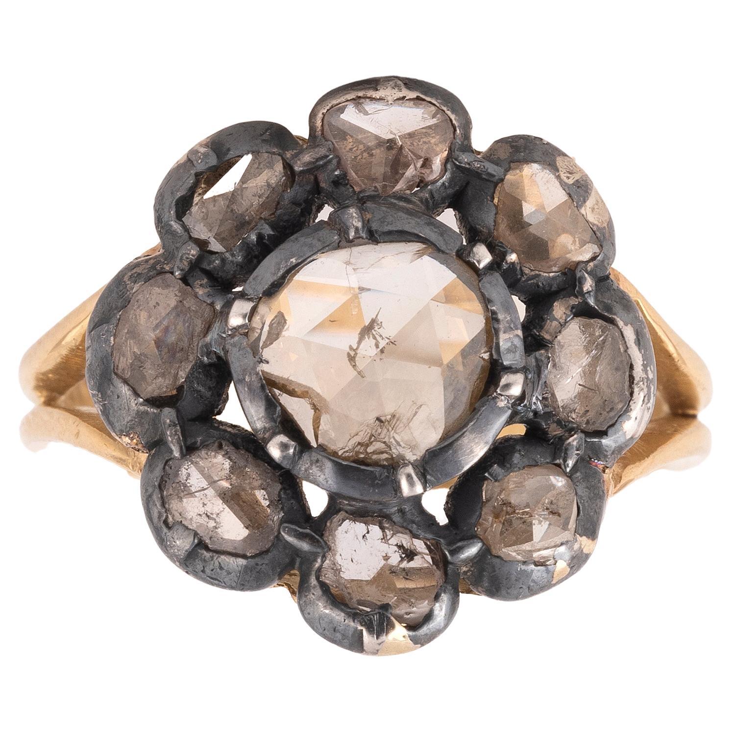Women's Antique Rose Cut Diamond Gold Cluster Ring For Sale