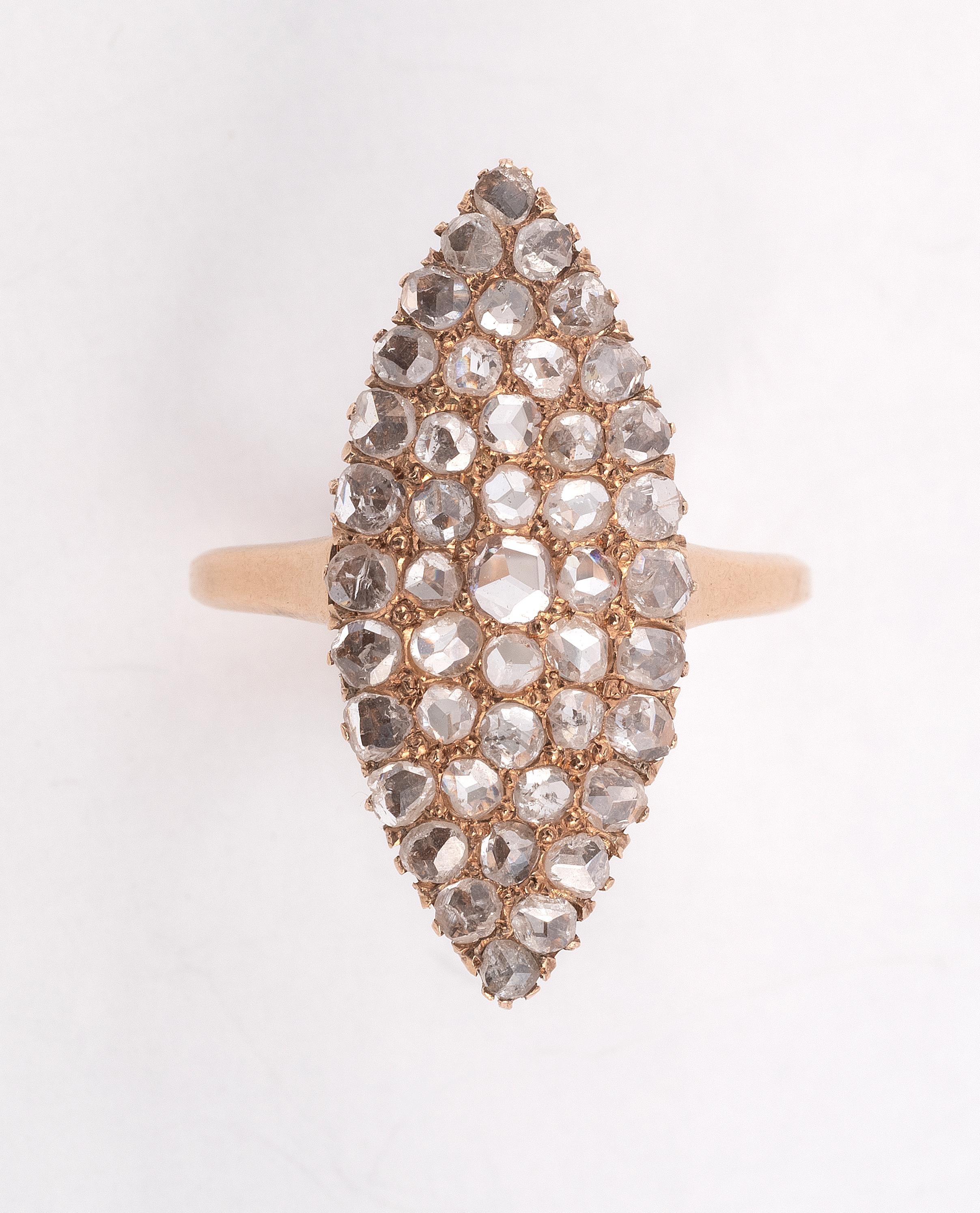 Victorian Antique Rose-Cut Diamond Gold Cluster Ring For Sale