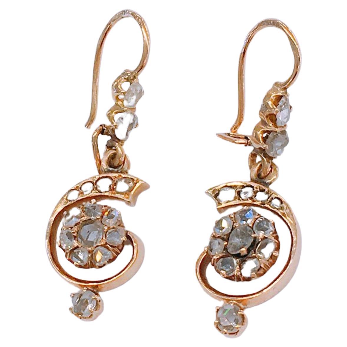 Antike baumelnde Ohrringe mit Diamant im Rosenschliff aus Gold Damen im Angebot