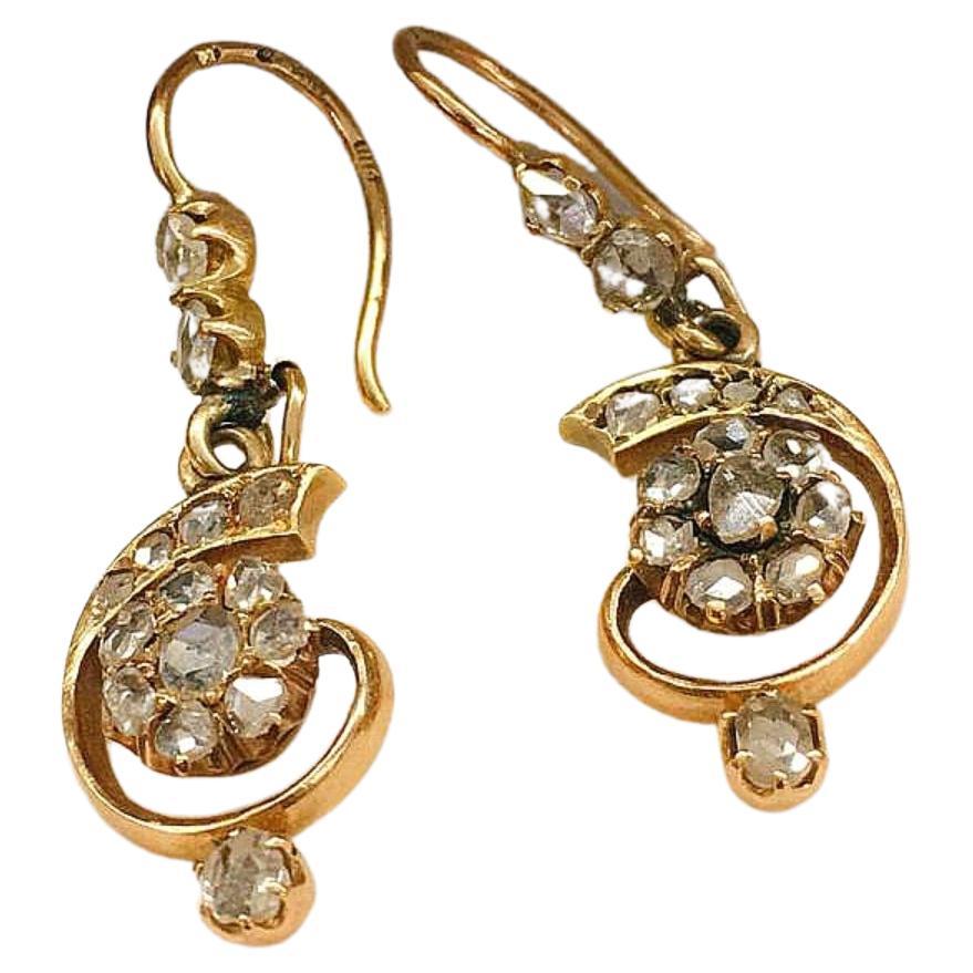 Antique Rose Cut Diamond Gold Dangling Earrings