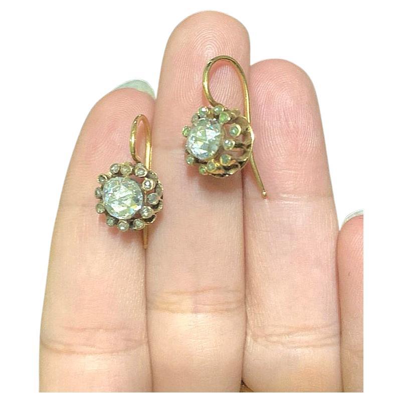 Antique Rose Cut Diamond Gold Earrings In Good Condition For Sale In Cairo, EG