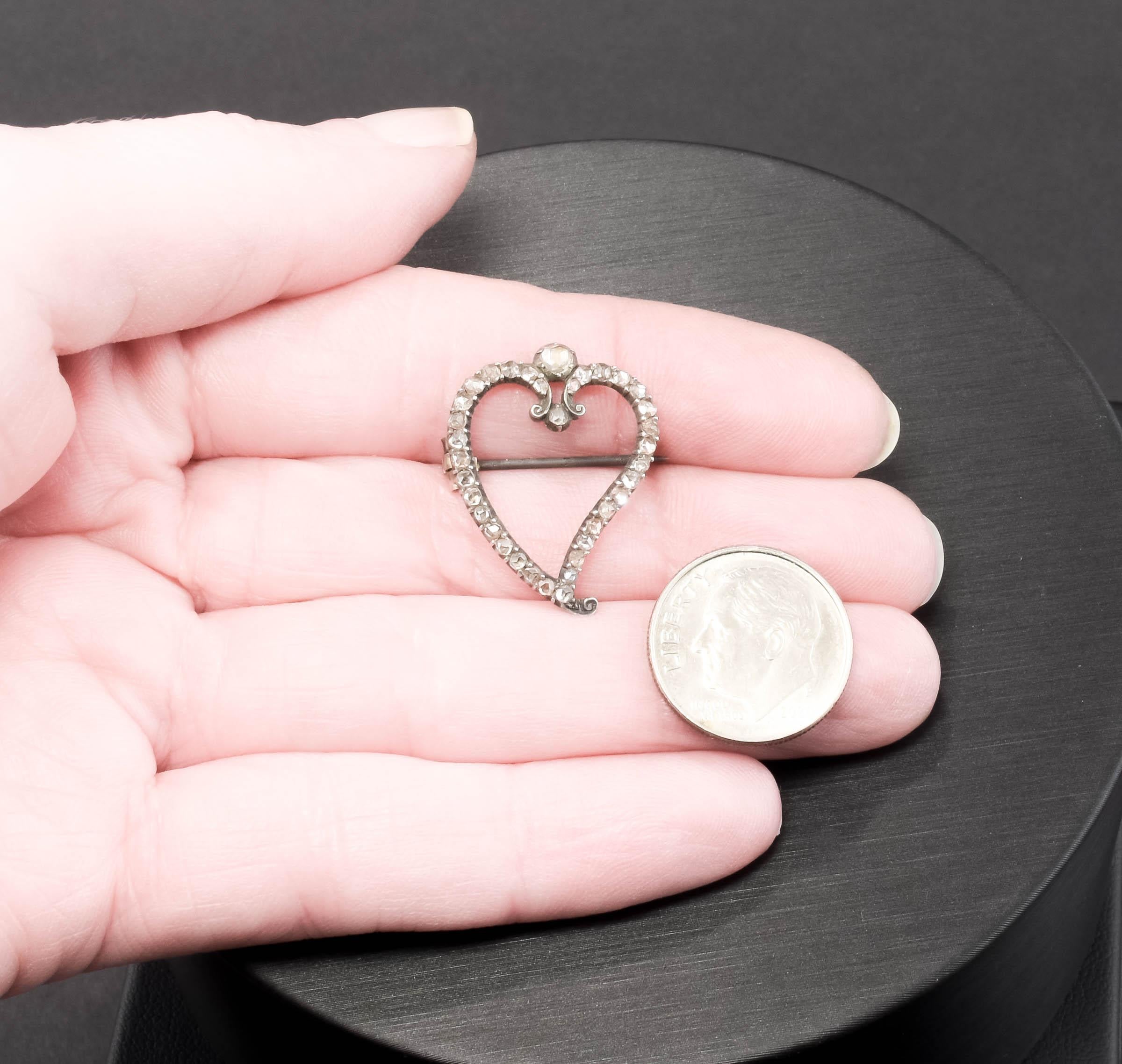 Antique Rose Cut Diamond Heart Brooch - 