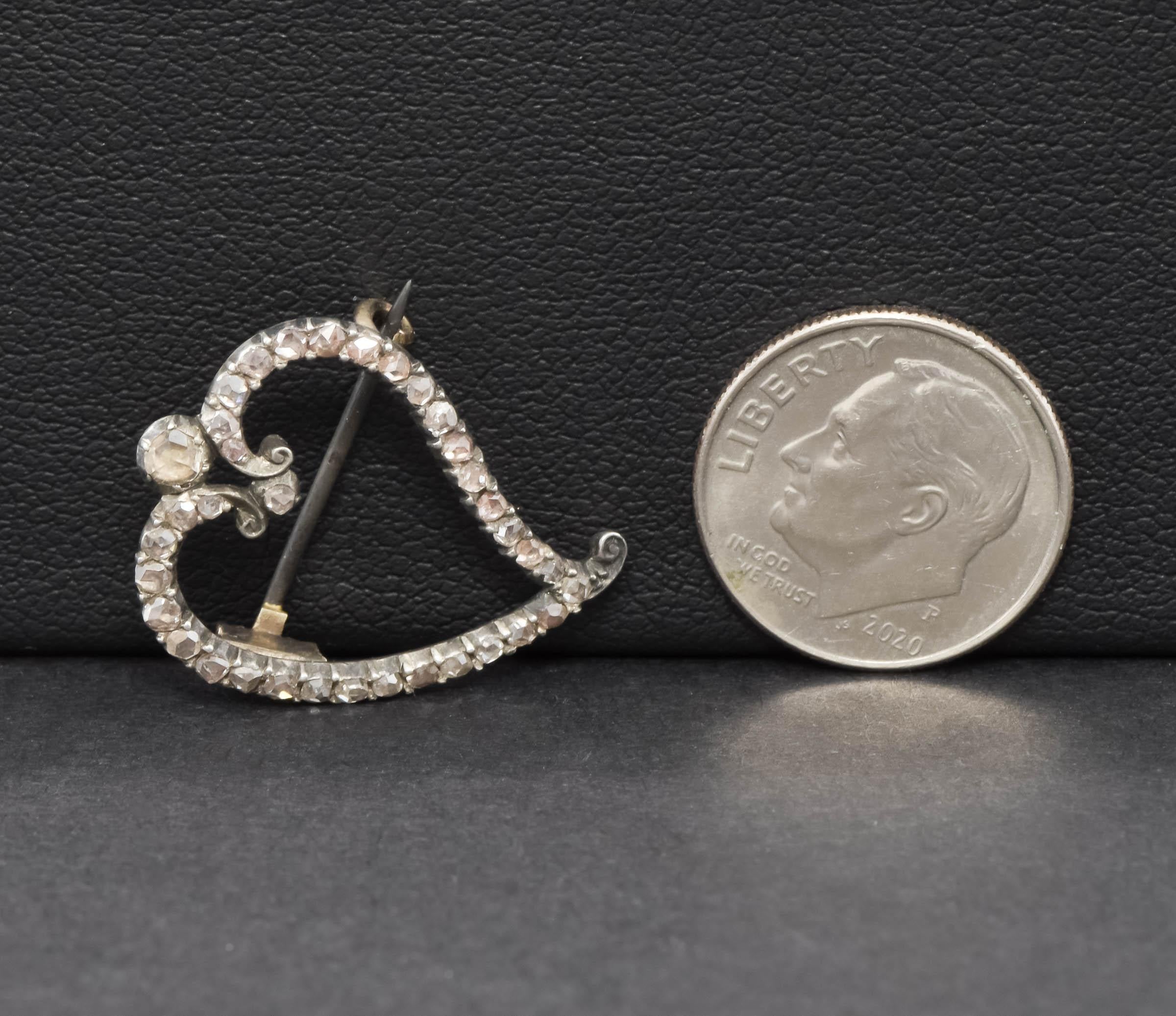 Georgian Antique Rose Cut Diamond Heart Brooch - 