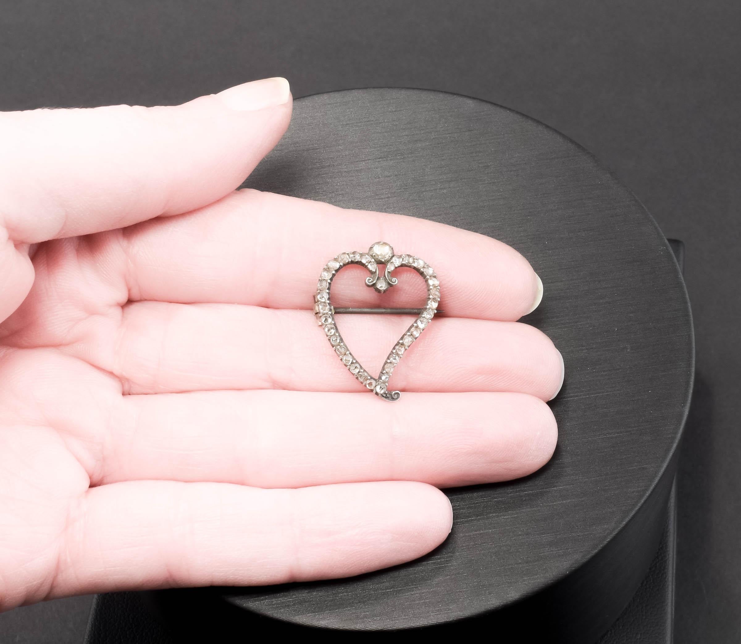 Women's or Men's Antique Rose Cut Diamond Heart Brooch - 
