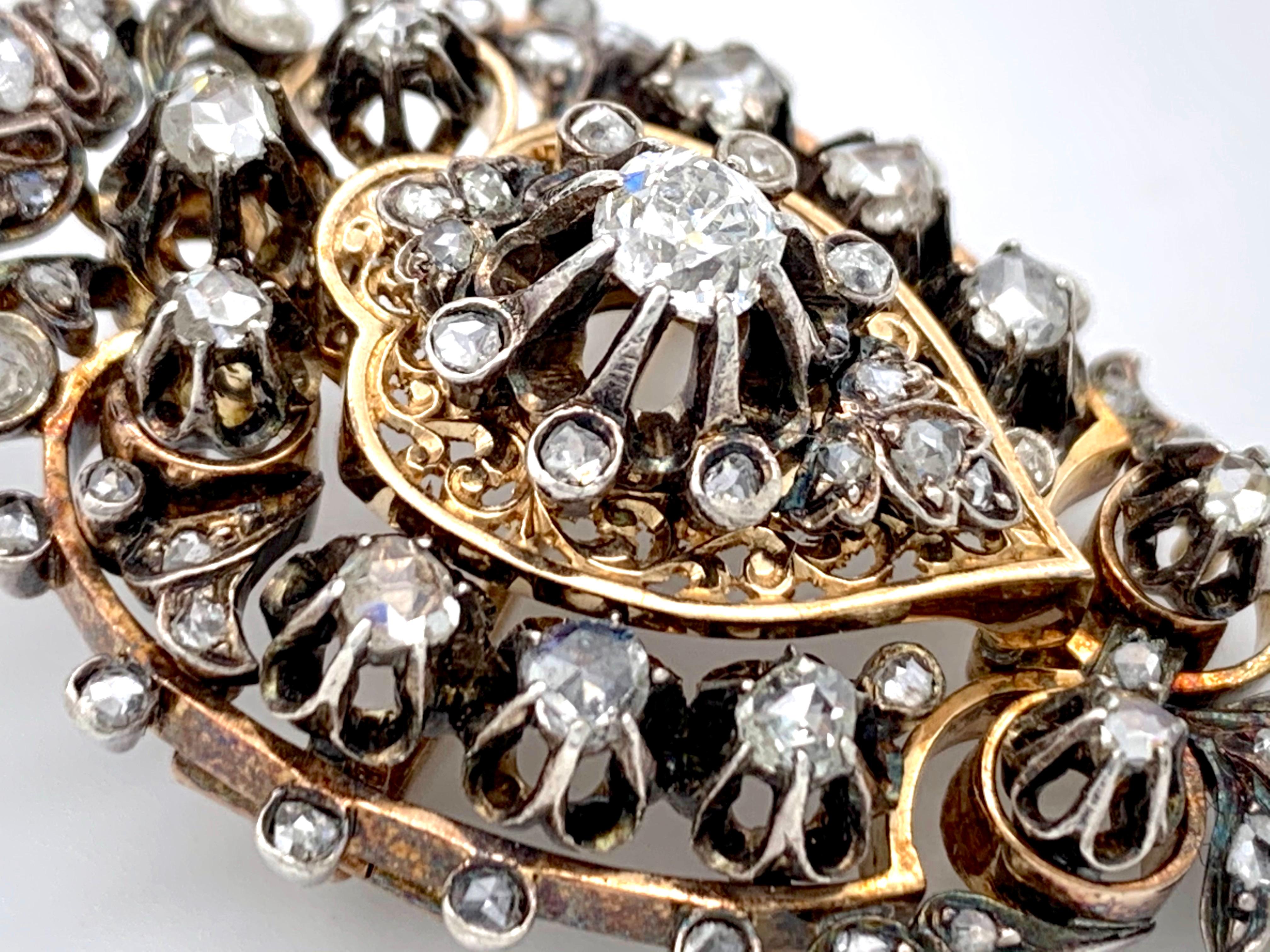 Antiker antiker Rosenschliff-Diamant-Herz-Anhänger Brosche 14 Karat Roségold Silber (Viktorianisch) im Angebot