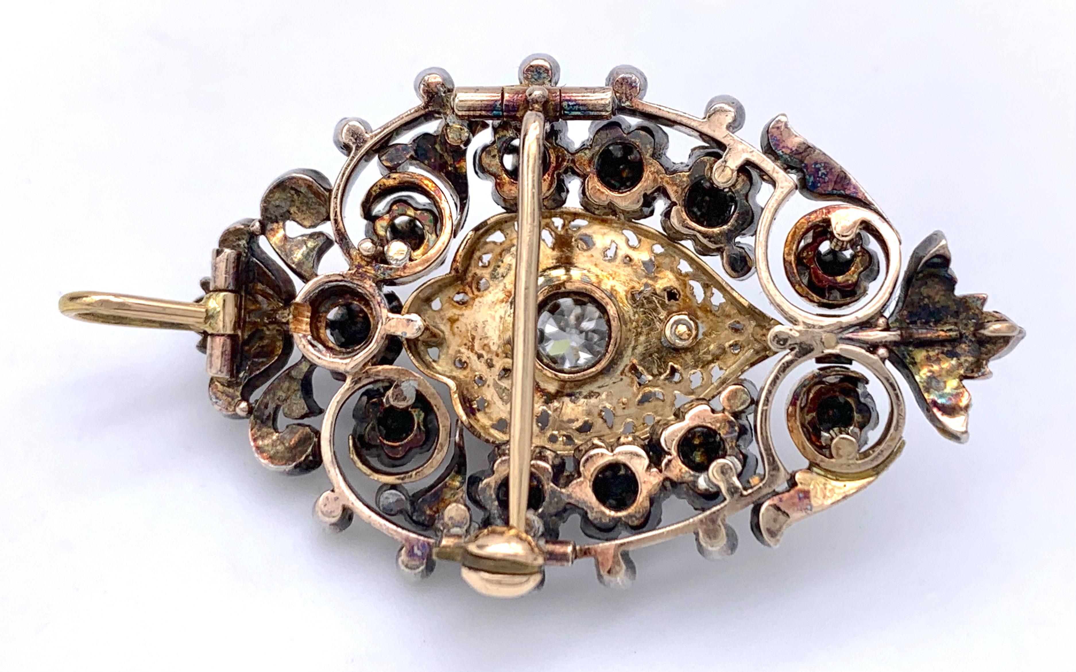 Antiker antiker Rosenschliff-Diamant-Herz-Anhänger Brosche 14 Karat Roségold Silber Damen im Angebot