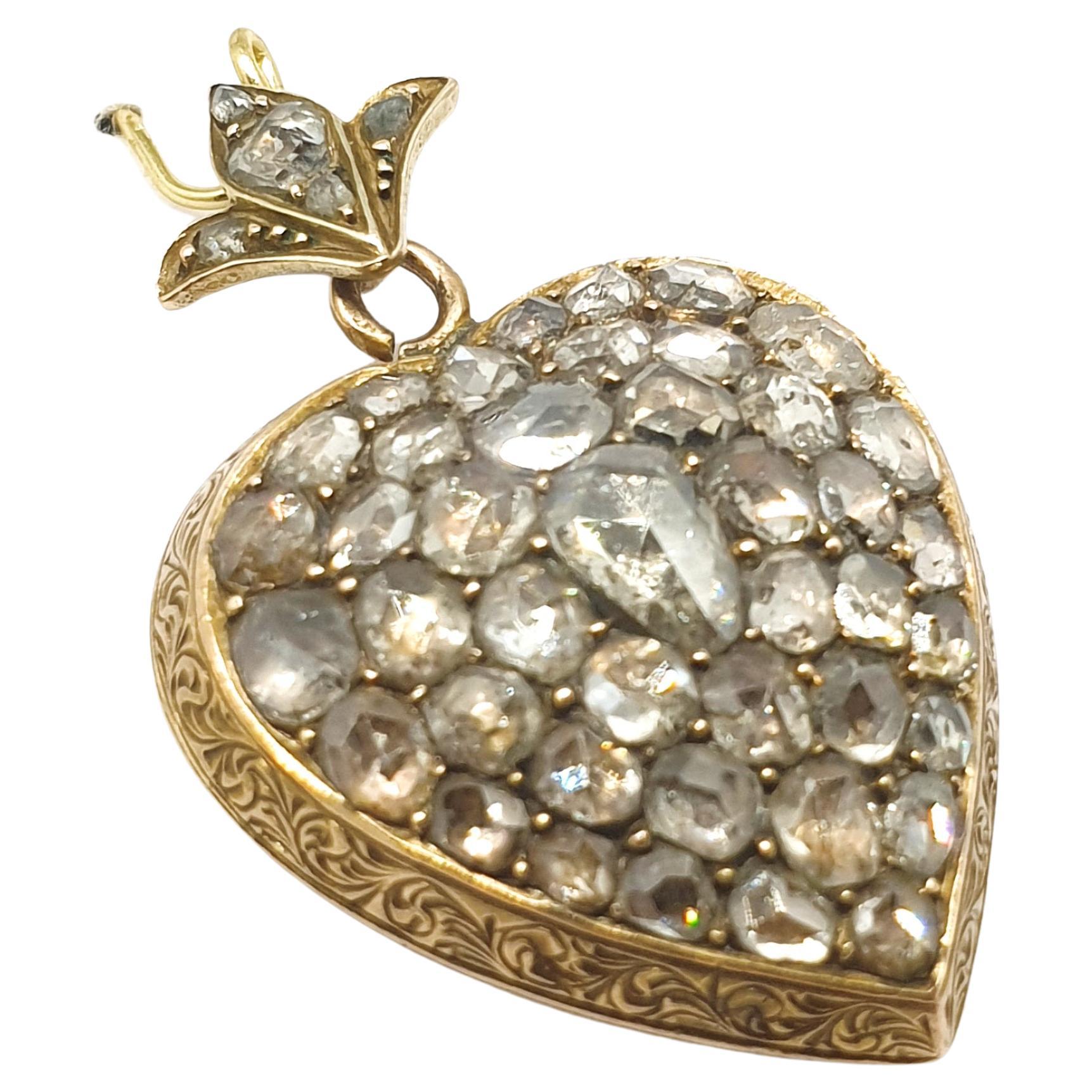 Antique 1880s Rose Cut Diamond Heart Gold Pendentif 
