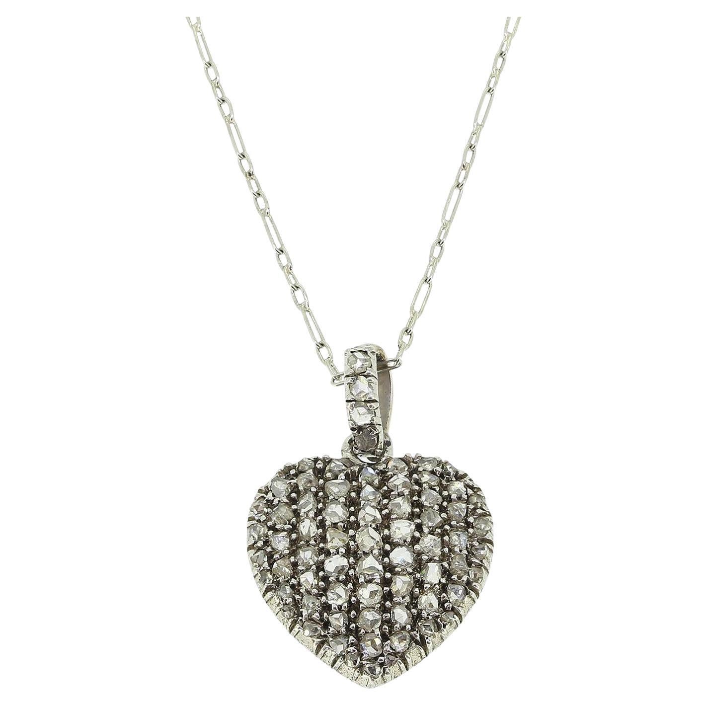Antique Rose Cut Diamond Heart Pendant Necklace