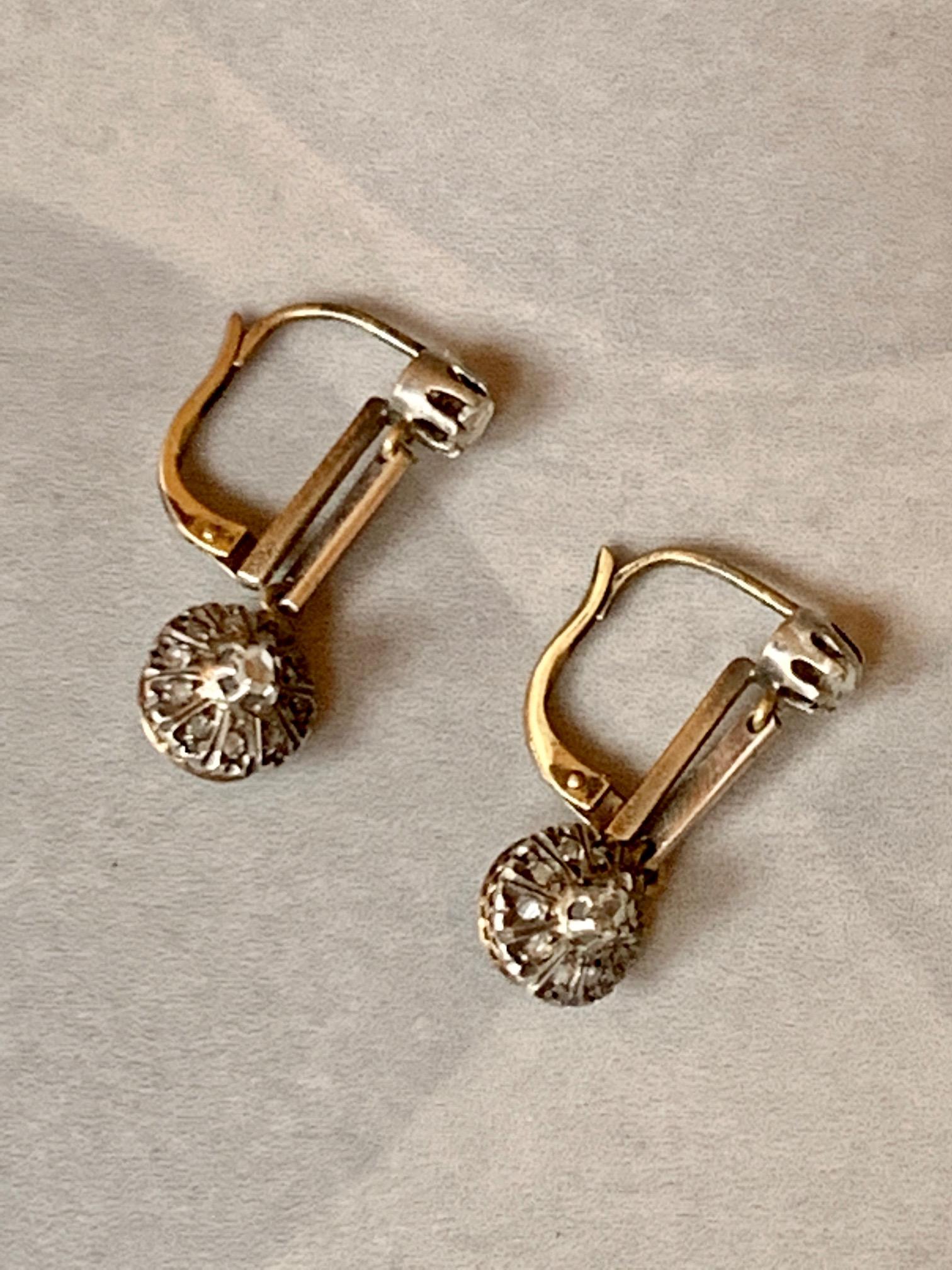 Antique Rose Cut Diamond Lever Back 14 Karat Yellow Gold and Sterling Earrings In Good Condition In St. Louis Park, MN