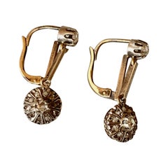 Antique Rose Cut Diamond Lever Back 14 Karat Yellow Gold and Sterling Earrings
