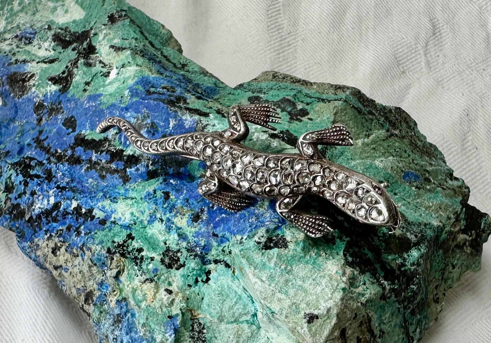 Antike Rose Cut Diamond Lizard Salamander Chamäleon Brosche Pin viktorianischen (Rosenschliff) im Angebot