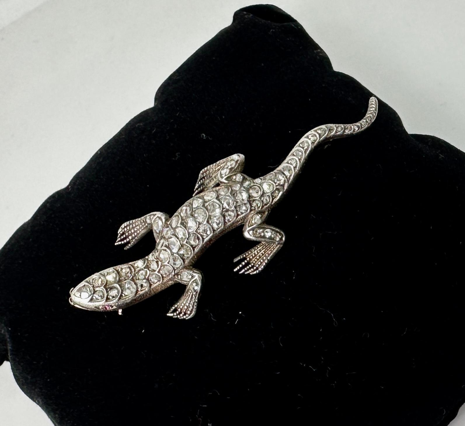 Antique Rose Cut Diamond Lizard Salamander Chameleon Brooch Pin Victorian In Excellent Condition For Sale In New York, NY