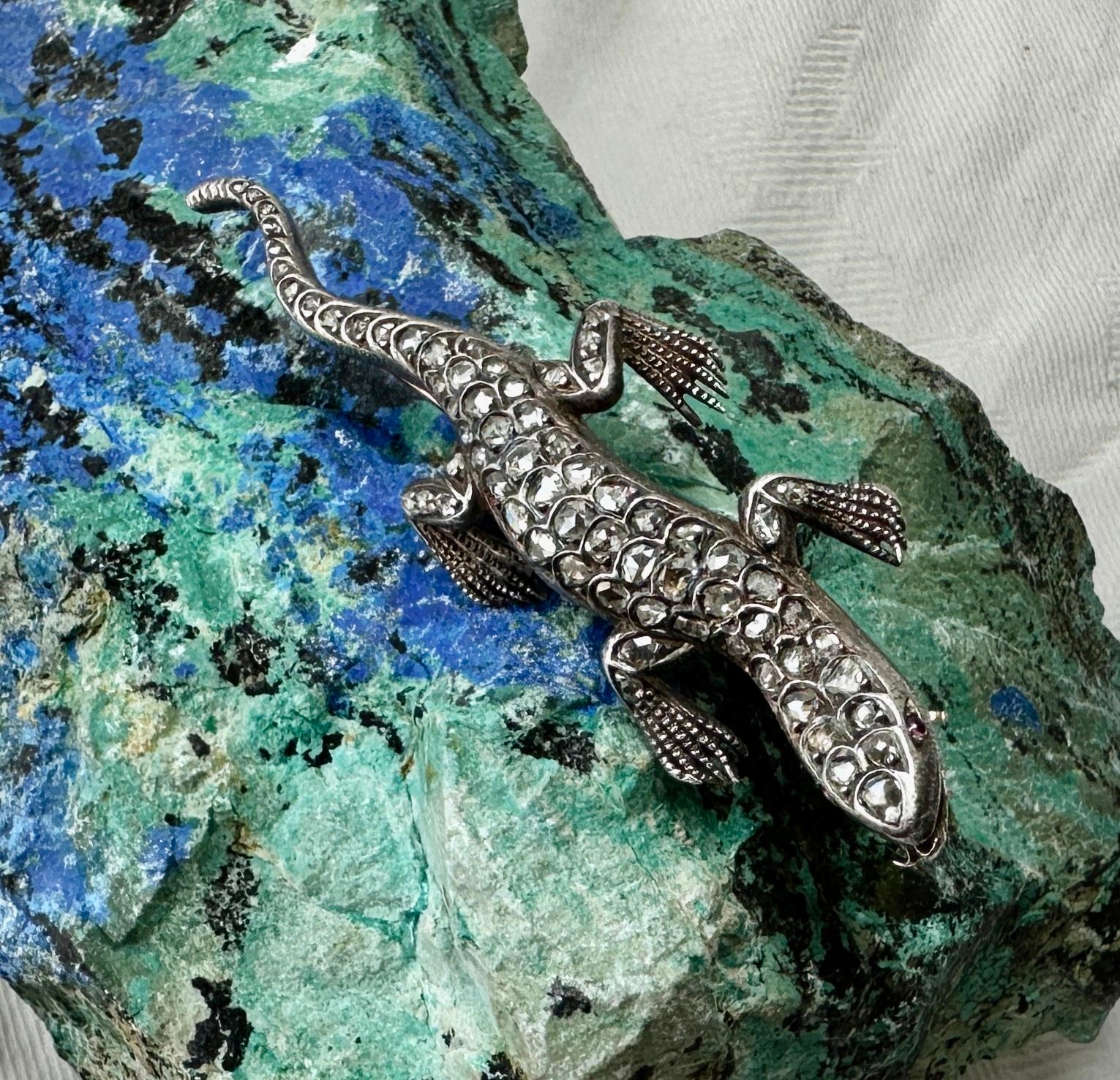 Antique Rose Cut Diamond Lizard Salamander Chameleon Brooch Pin Victorian For Sale 1