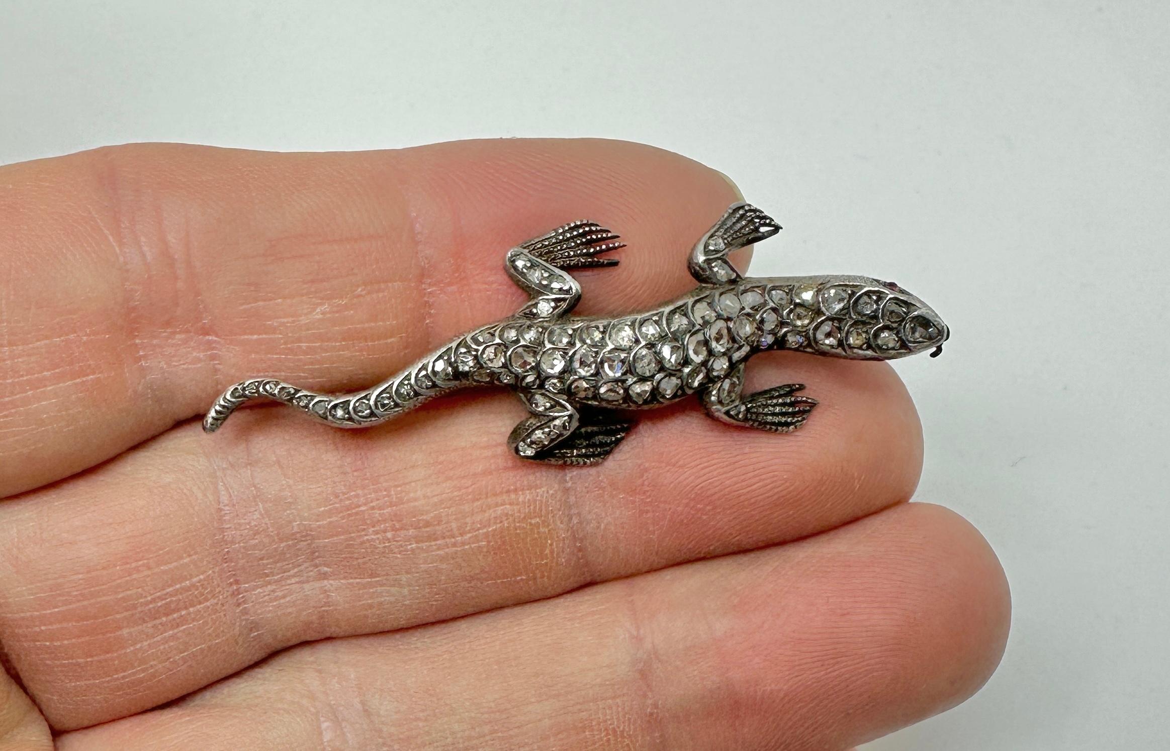 Antike Rose Cut Diamond Lizard Salamander Chamäleon Brosche Pin viktorianischen im Angebot 3