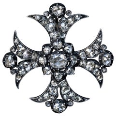 Antique Rose Cut Diamond Maltese Cross Pendant Brooch