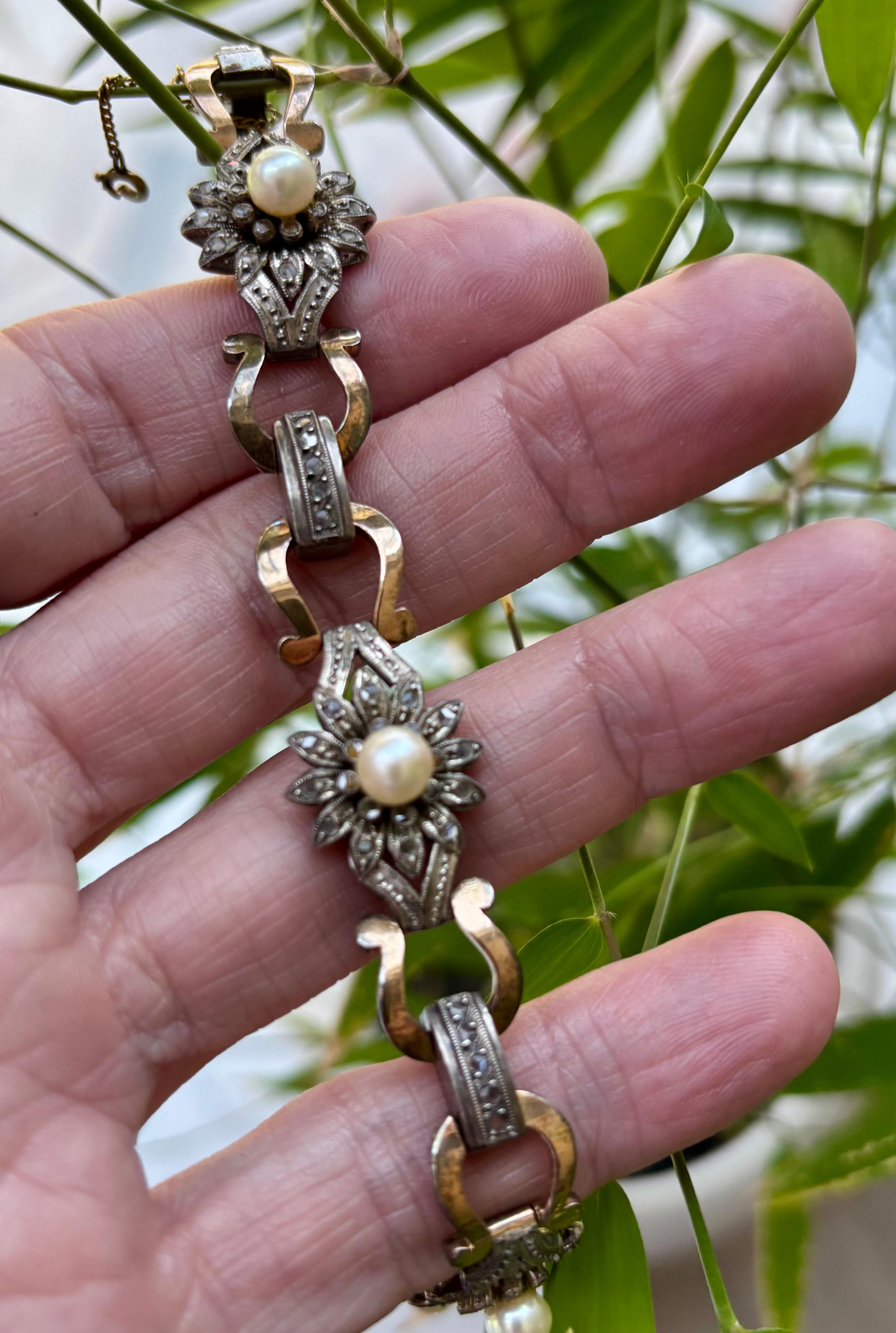 Diamante antico taglio rosa e perla  Bracciale A Link, montato in argento e oro. in vendita 4