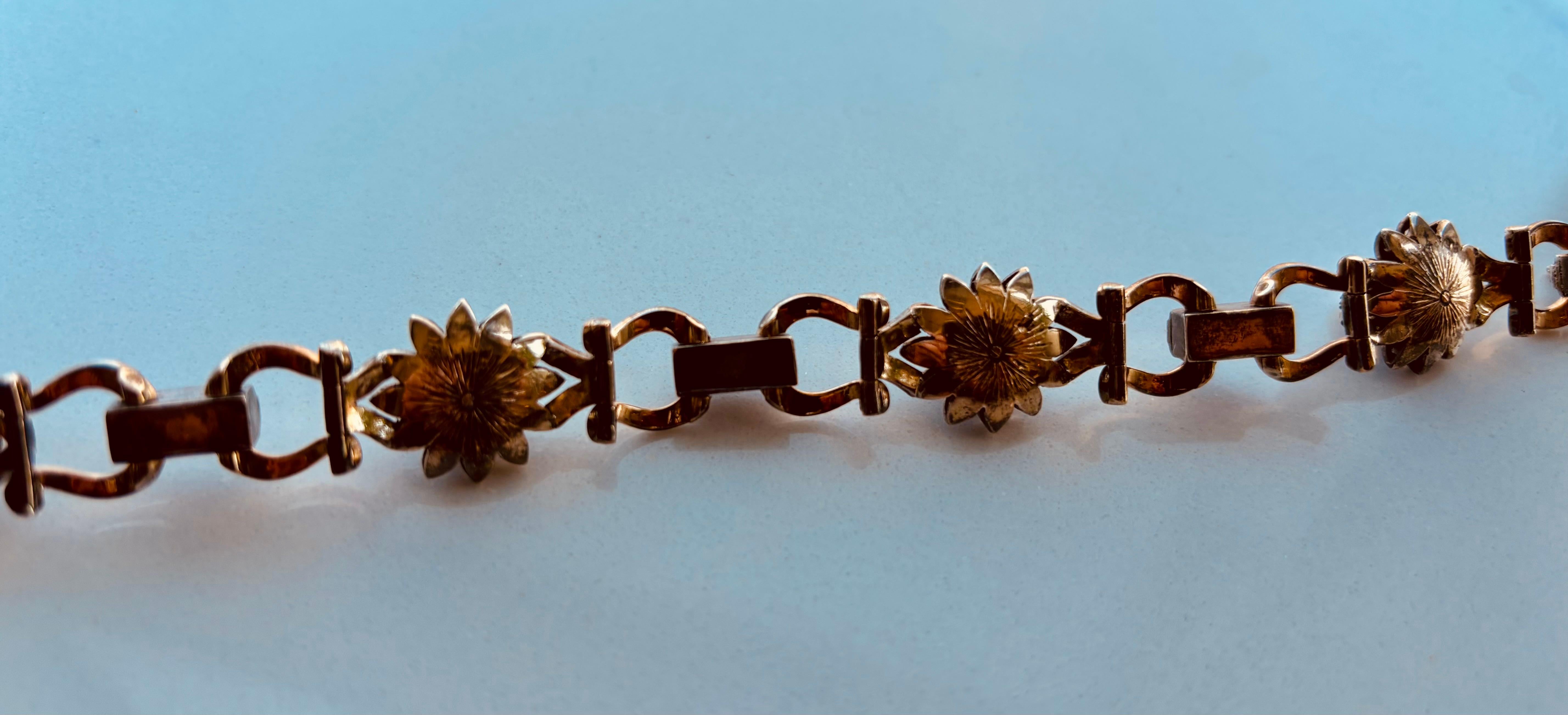 Diamante antico taglio rosa e perla  Bracciale A Link, montato in argento e oro. in vendita 5