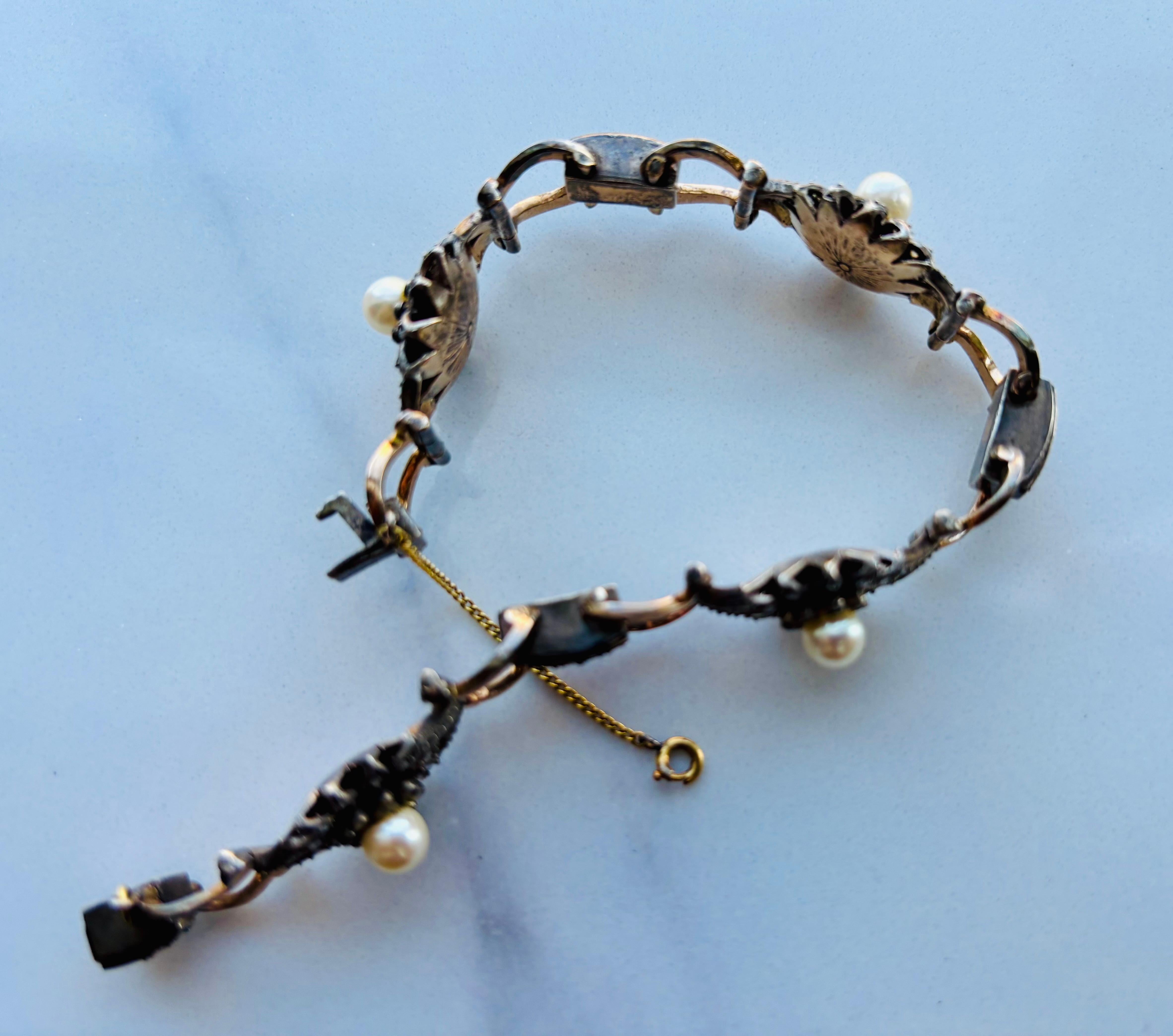 Diamante antico taglio rosa e perla  Bracciale A Link, montato in argento e oro. in vendita 7