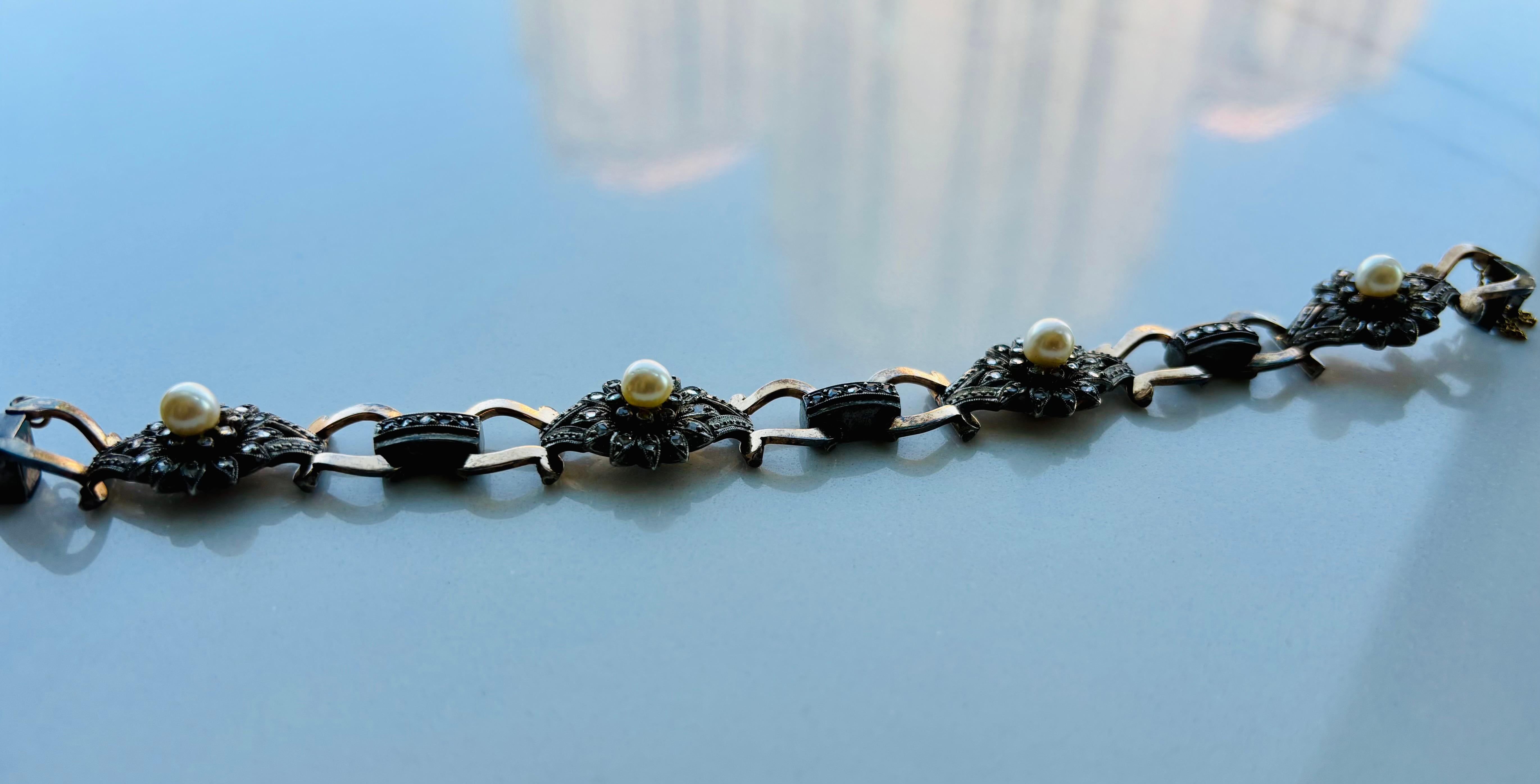 Diamante antico taglio rosa e perla  Bracciale A Link, montato in argento e oro. in vendita 9