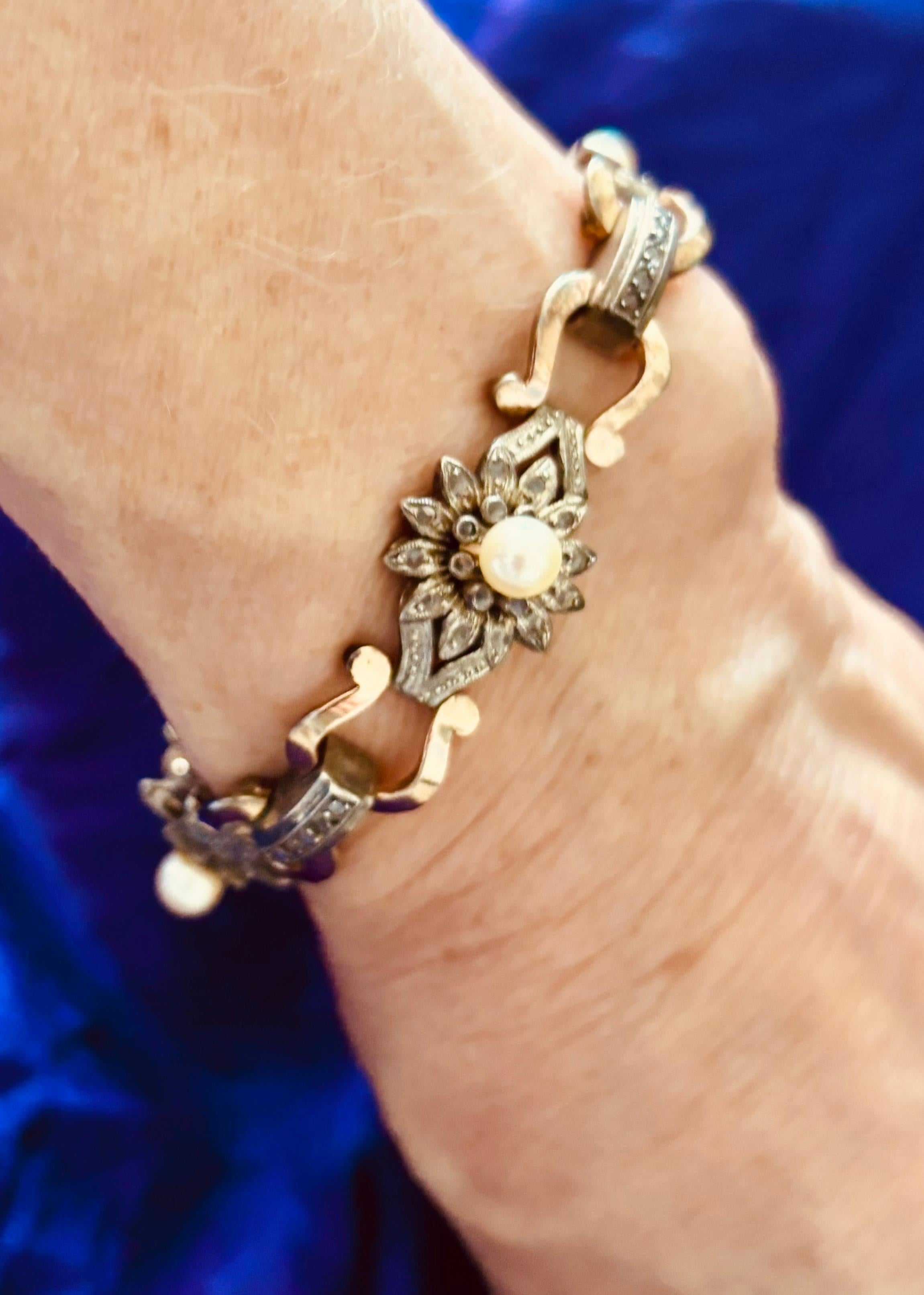 Diamante antico taglio rosa e perla  Bracciale A Link, montato in argento e oro. in vendita 10