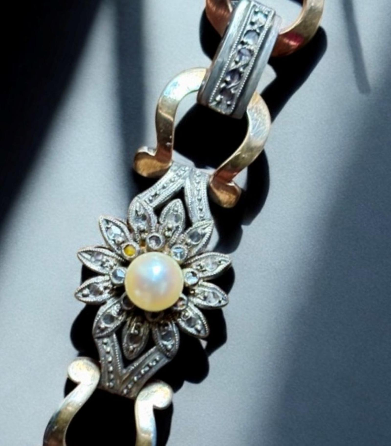 Diamante antico taglio rosa e perla  Bracciale A Link, montato in argento e oro. in vendita 13