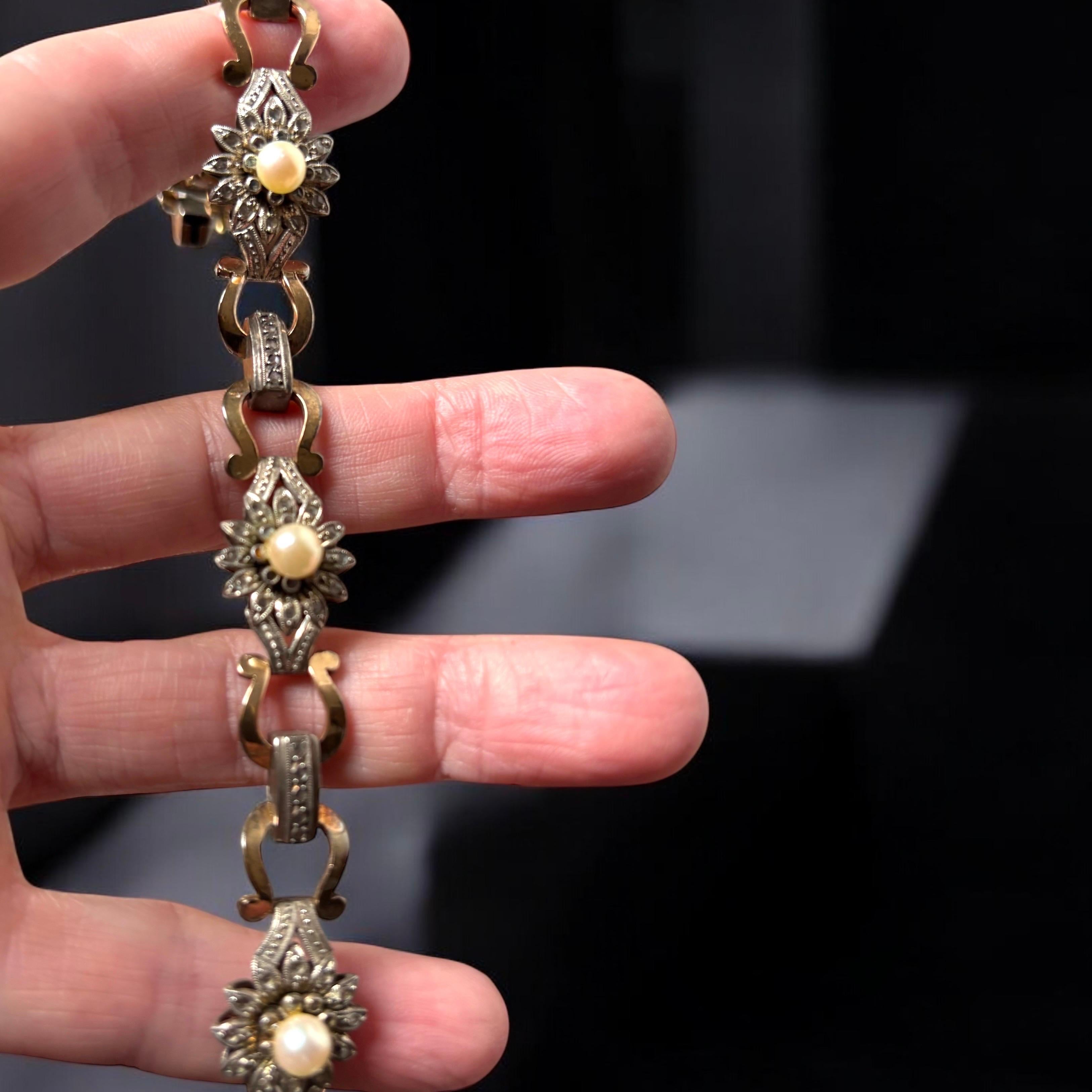 Taglio a rosa Diamante antico taglio rosa e perla  Bracciale A Link, montato in argento e oro. in vendita