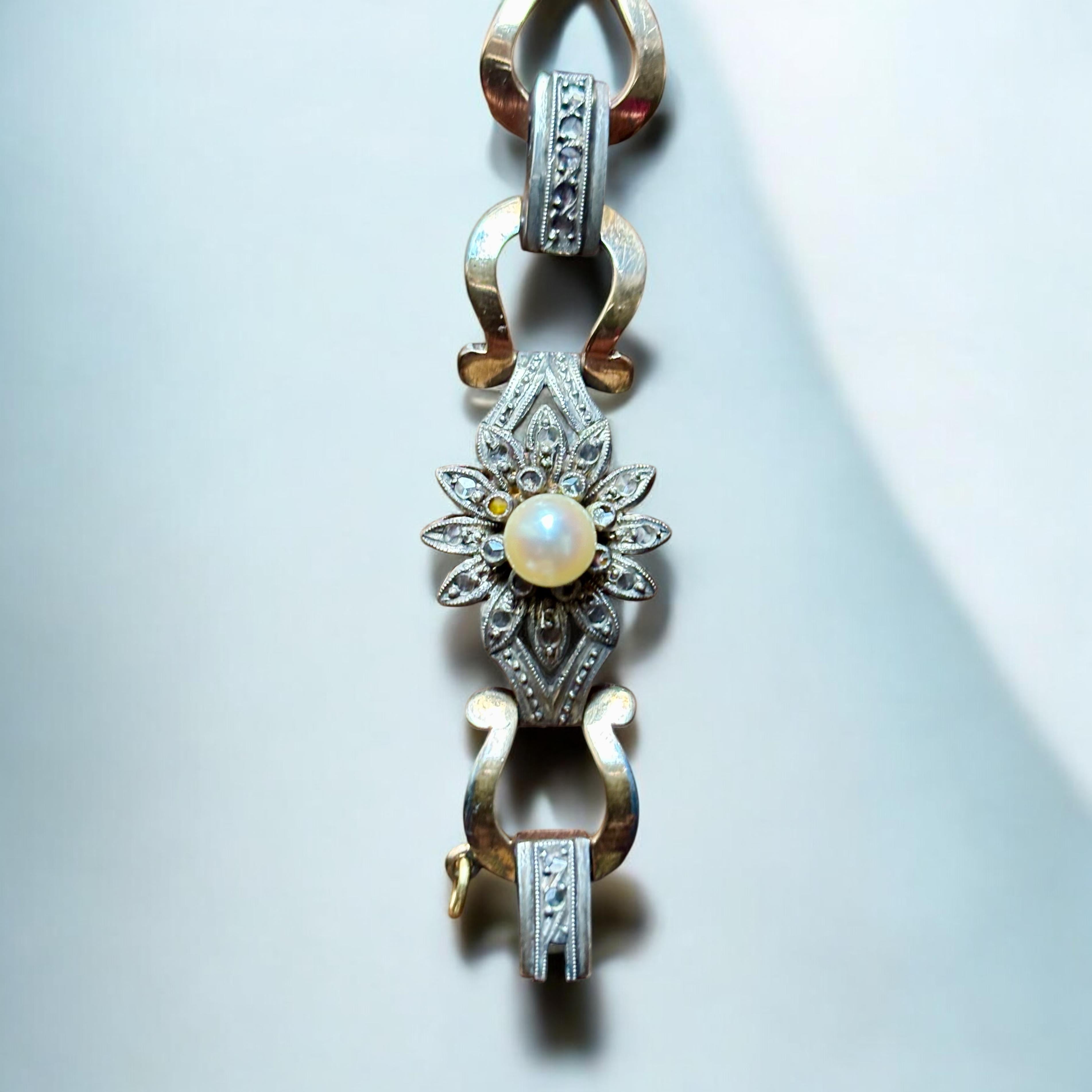 Diamante antico taglio rosa e perla  Bracciale A Link, montato in argento e oro. In condizioni buone in vendita a OVIEDO, AS