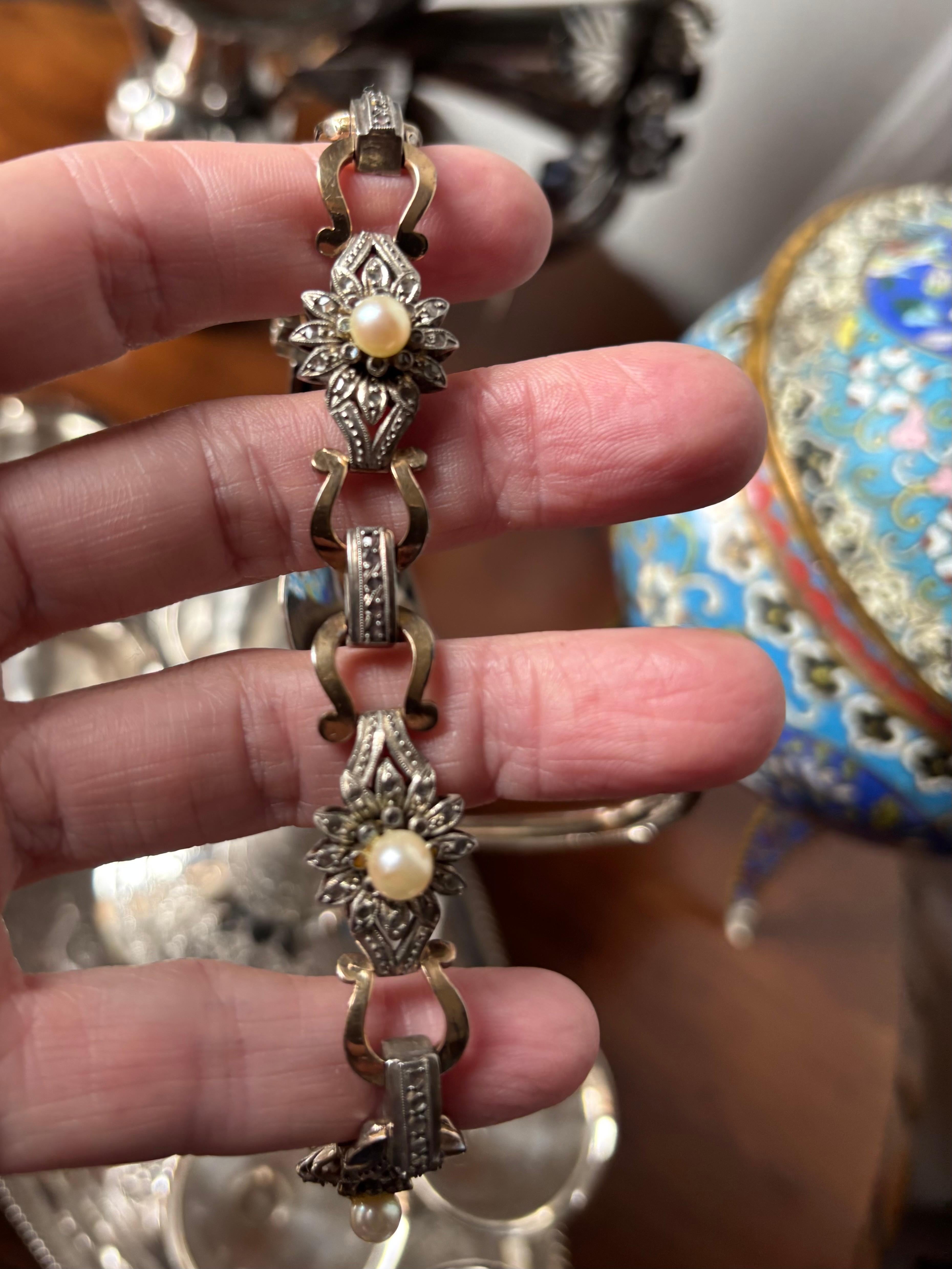 Diamante antico taglio rosa e perla  Bracciale A Link, montato in argento e oro. in vendita 1