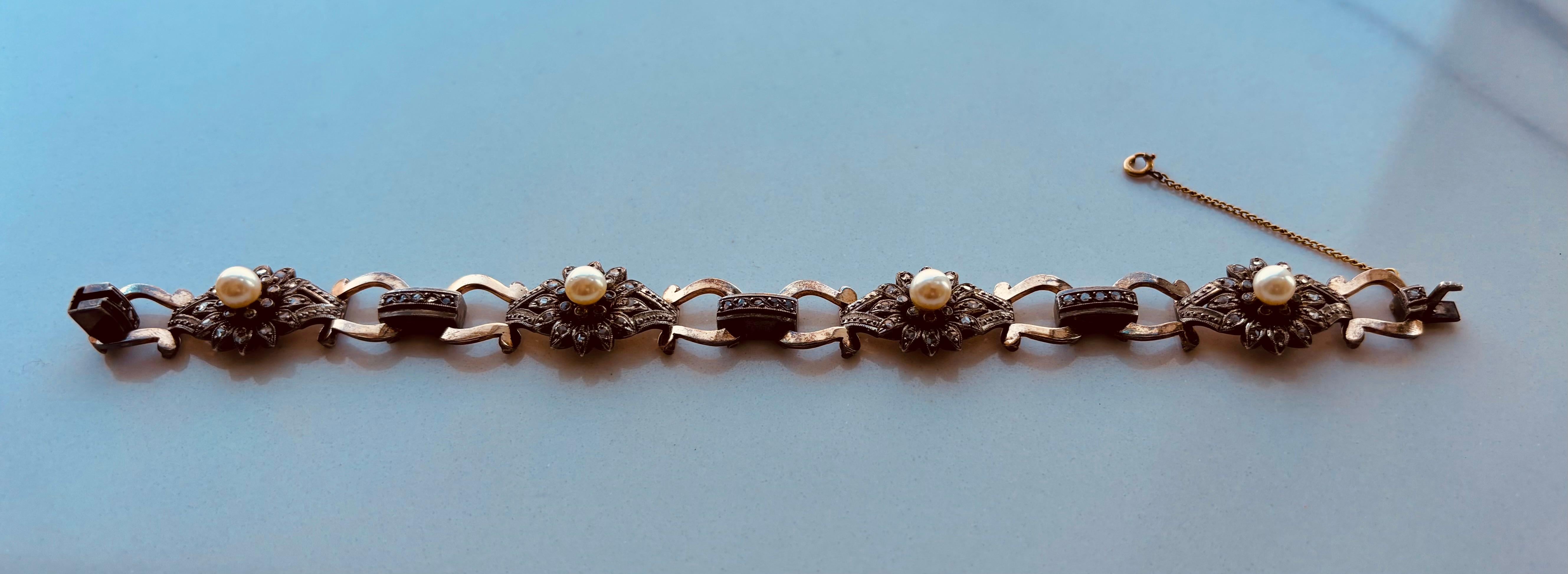Diamante antico taglio rosa e perla  Bracciale A Link, montato in argento e oro. in vendita 2