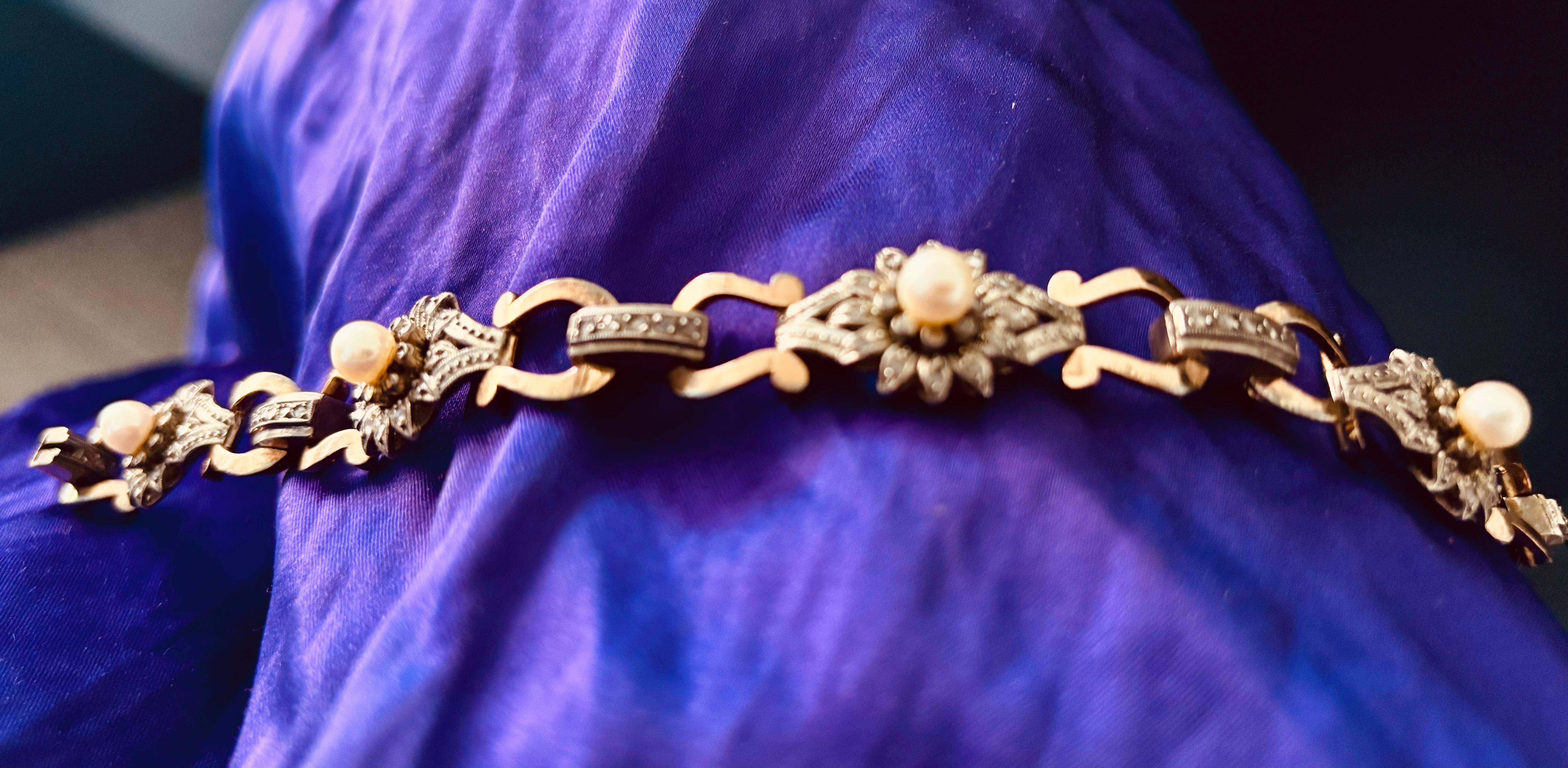 Diamante antico taglio rosa e perla  Bracciale A Link, montato in argento e oro. in vendita 3
