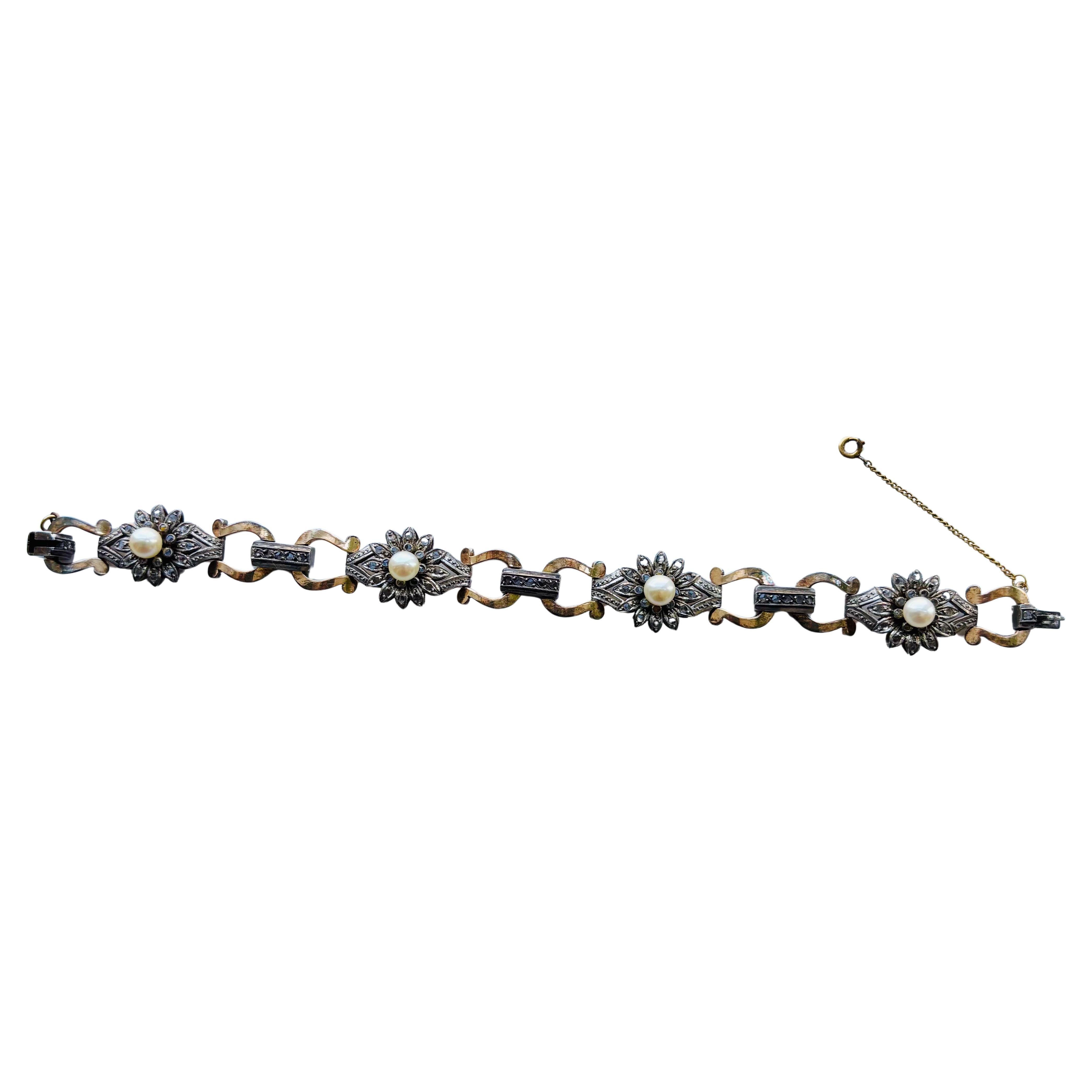 Antique Rose-Cut Diamond & Pearl  Link Bracelet, mounted Silver over Gold.